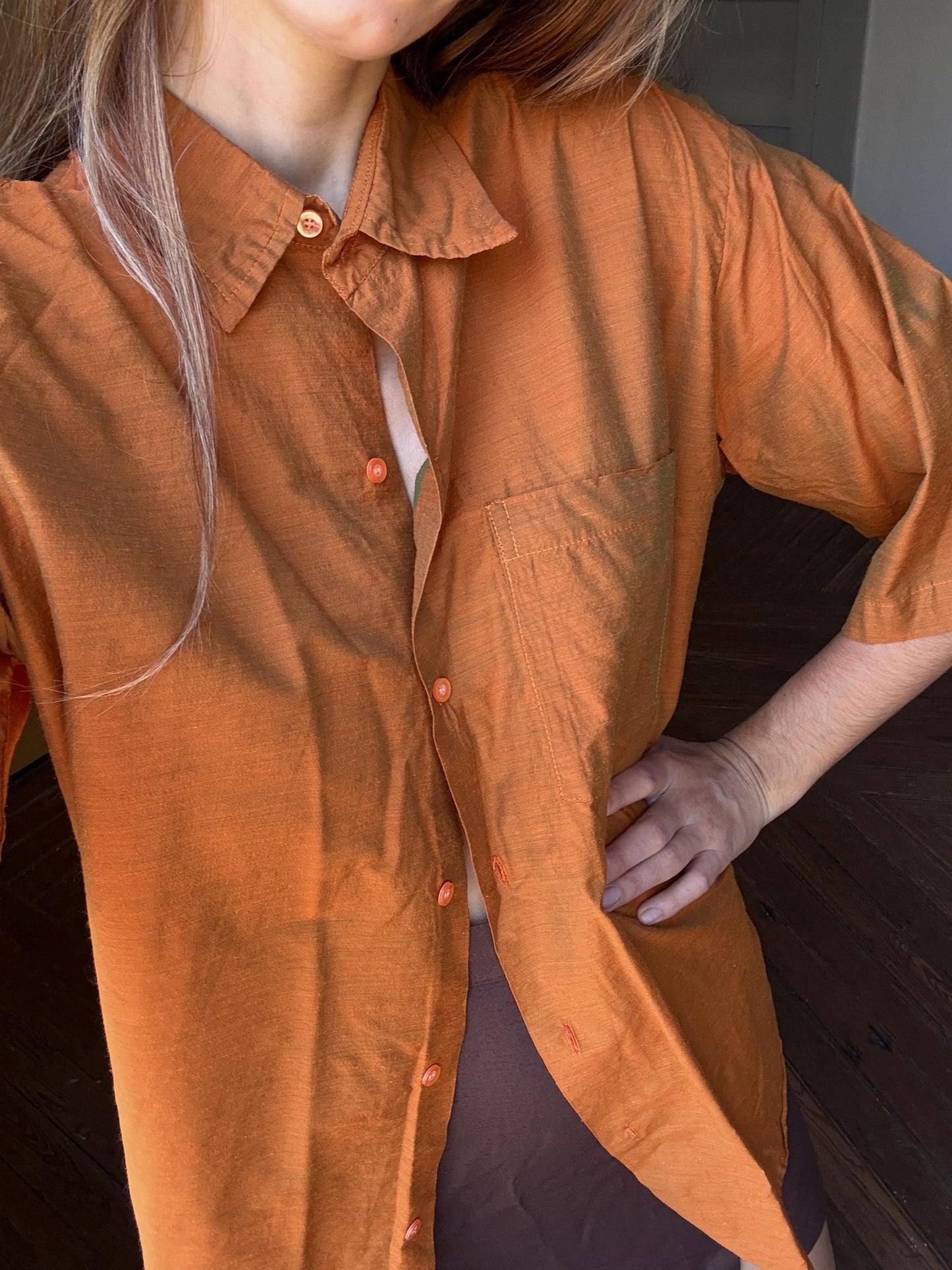 Vintage rust orange men's button up shirt, elegant formal t-shirt, retro special glossy men oxford blouse