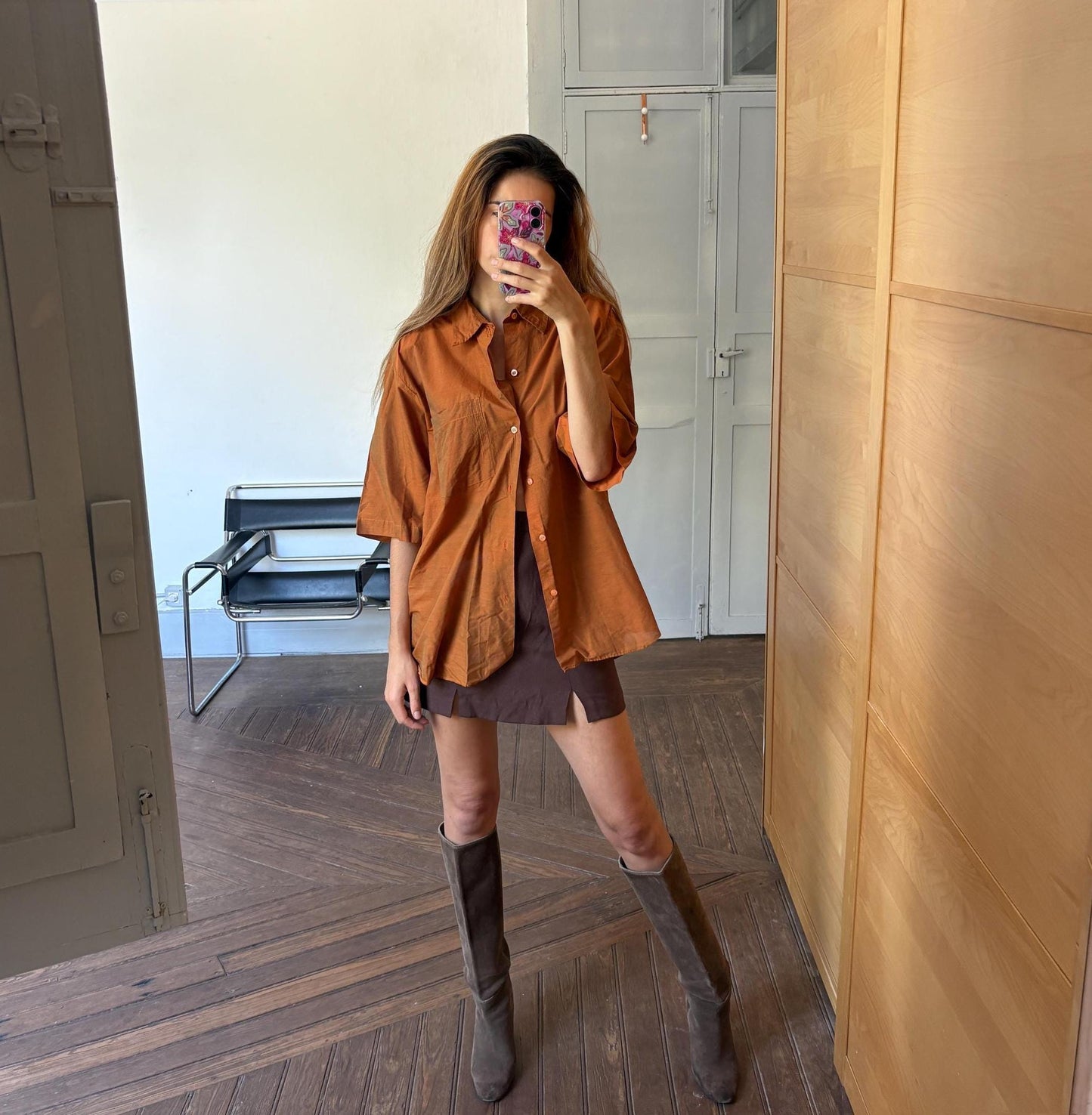 Vintage rust orange men's button up shirt, elegant formal t-shirt, retro special glossy men oxford blouse