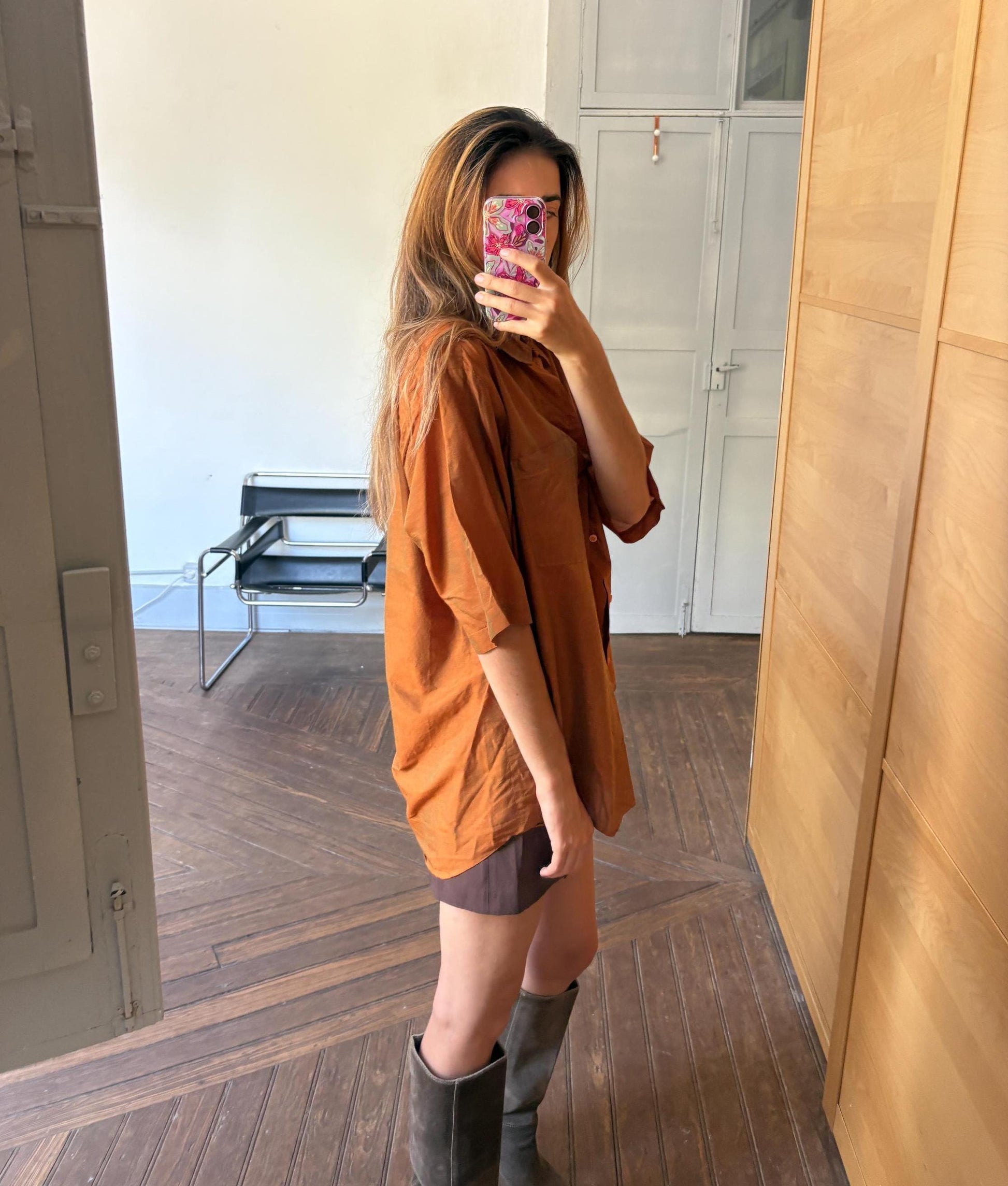 Vintage rust orange men's button up shirt, elegant formal t-shirt, retro special glossy men oxford blouse