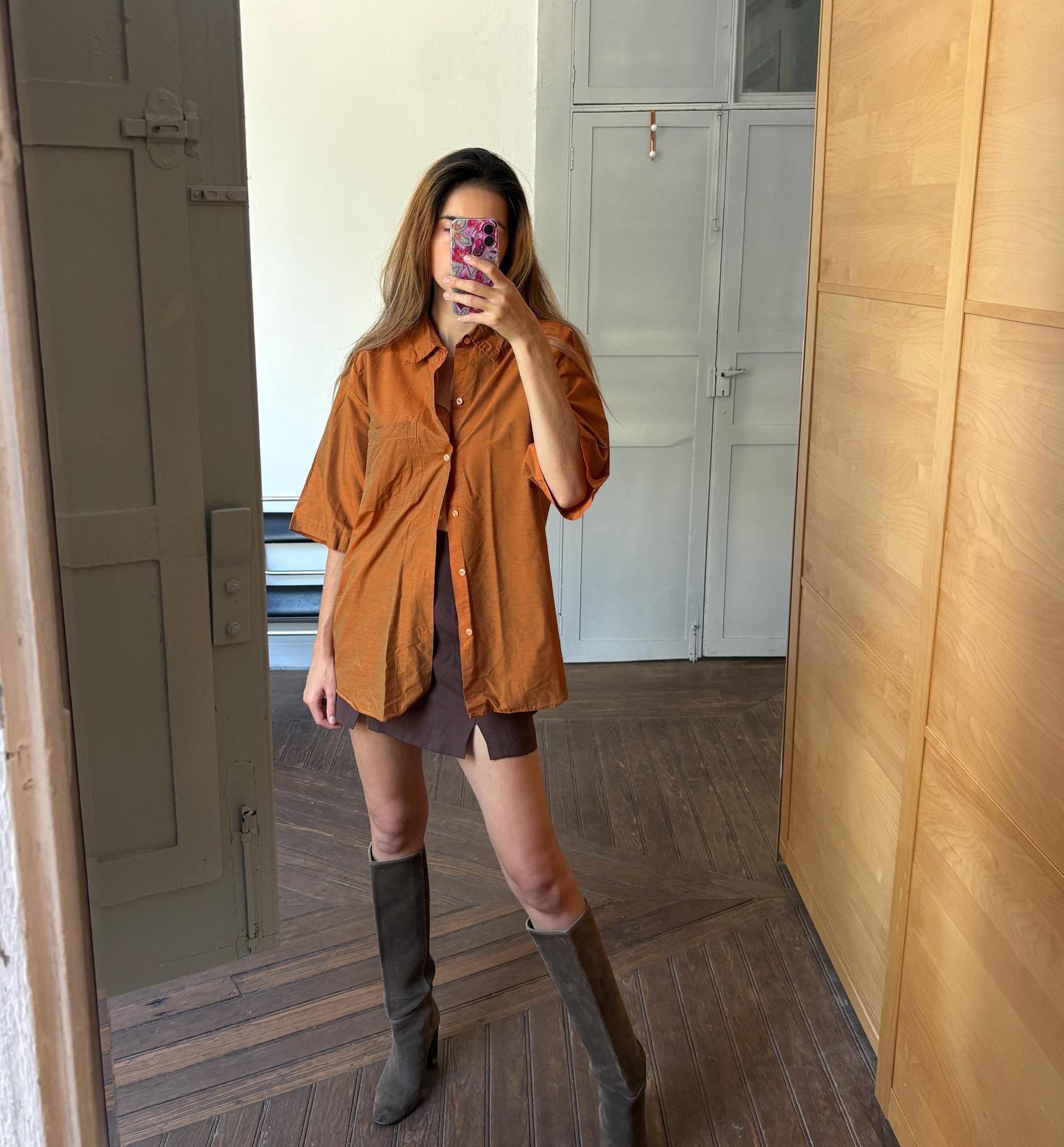 Vintage rust orange men's button up shirt, elegant formal t-shirt, retro special glossy men oxford blouse