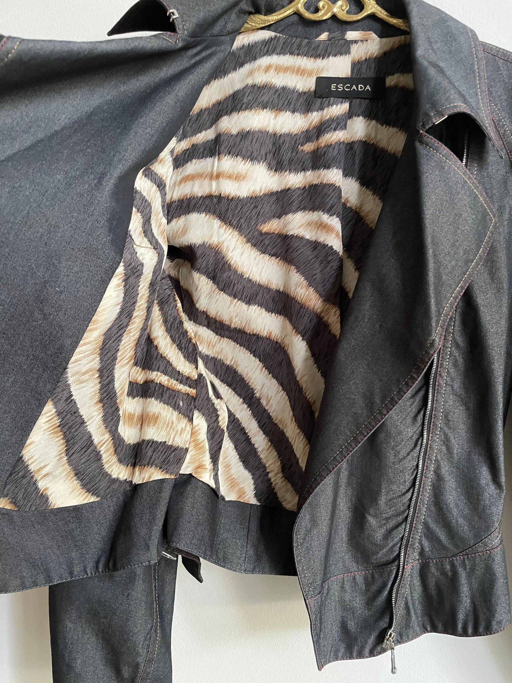 Vintage ESCADA silk biker-style jacket – lightweight black designer jacket with zip detail and tiger-print lining, size S