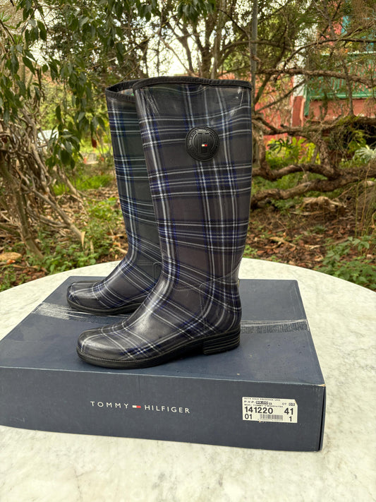 Luxury vintage tommy hilfiger rain boots, women's plaid wellington boots, grey - blue fashionable rain boots, designer wellies, size 41 -