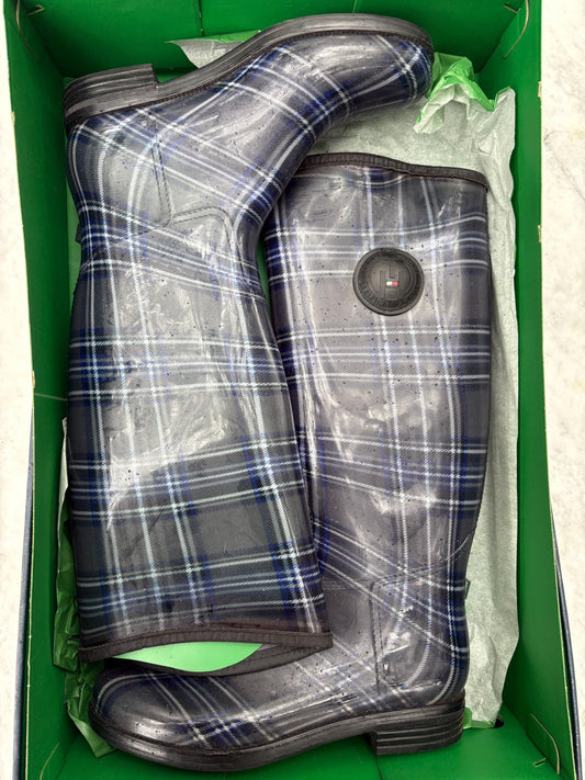 Luxury vintage tommy hilfiger rain boots, women's plaid wellington boots, grey - blue fashionable rain boots, designer wellies, size 41 -