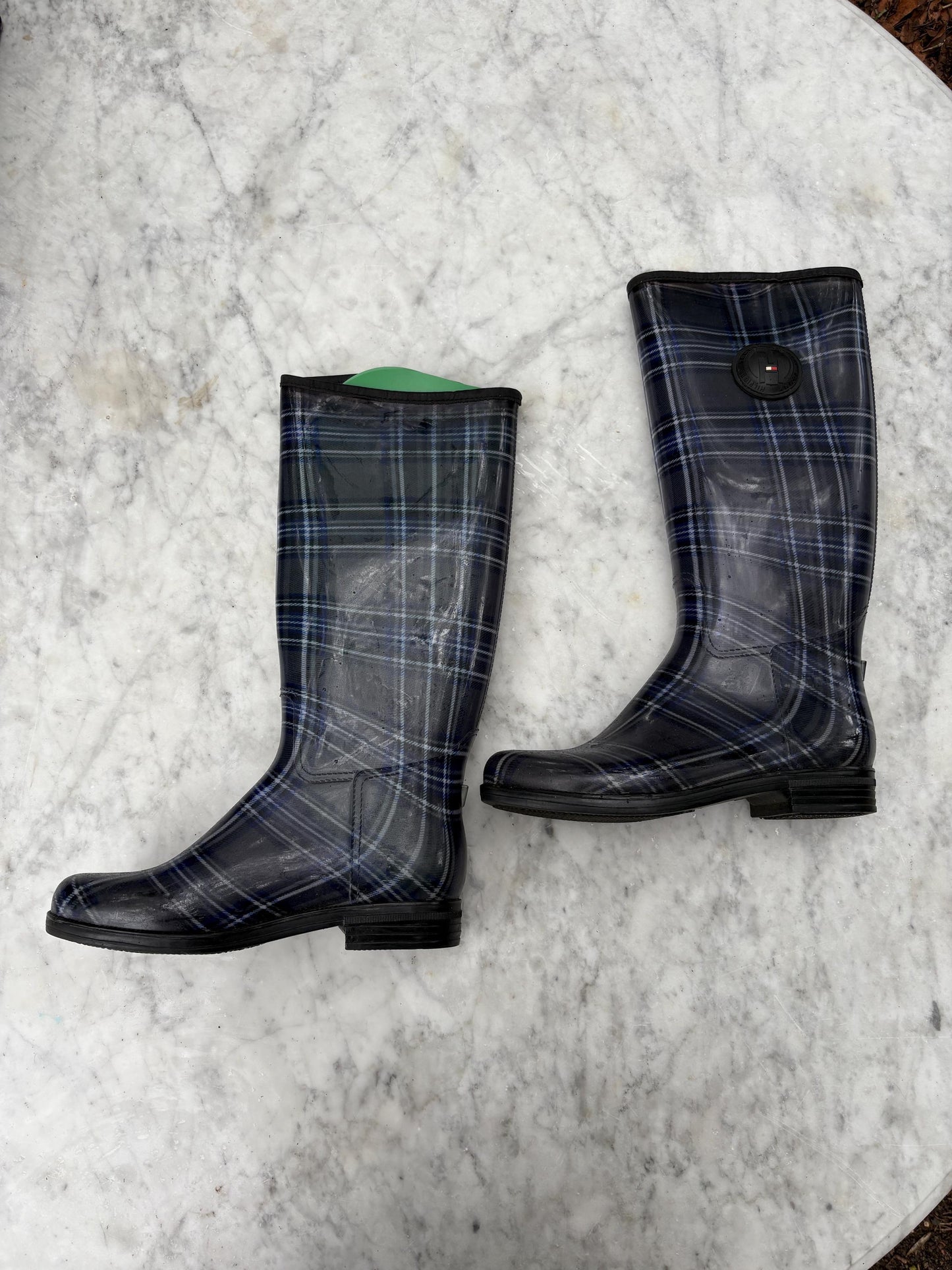 Luxury Tommy hilfiger rain boots, women's plaid brand wellington boots, grey - blue fashionable rain boots, designer wellies, size 41 -