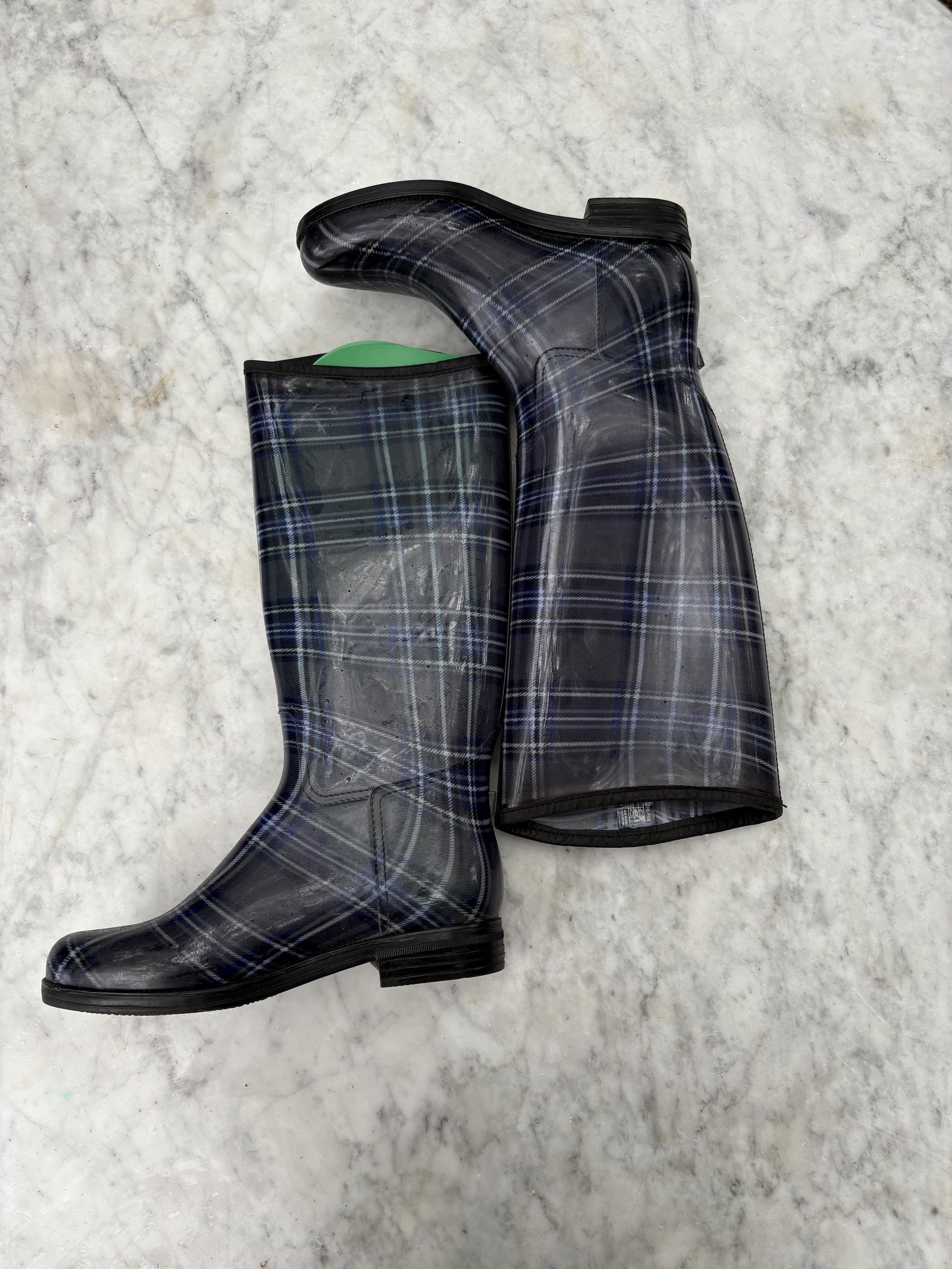 Luxury Tommy hilfiger rain boots, women's plaid brand wellington boots, grey - blue fashionable rain boots, designer wellies, size 41 -