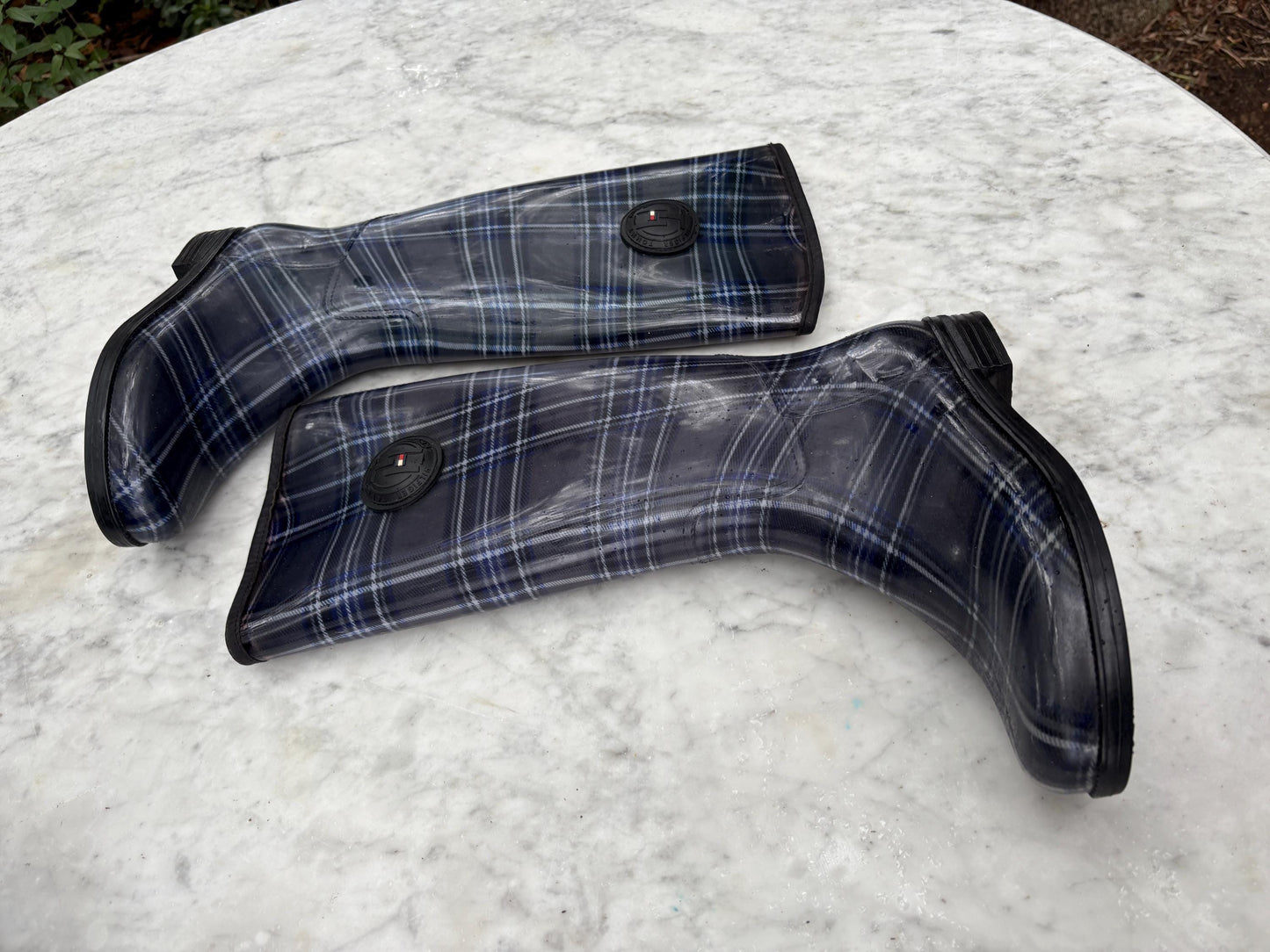 Luxury Tommy hilfiger rain boots, women's plaid brand wellington boots, grey - blue fashionable rain boots, designer wellies, size 41 -