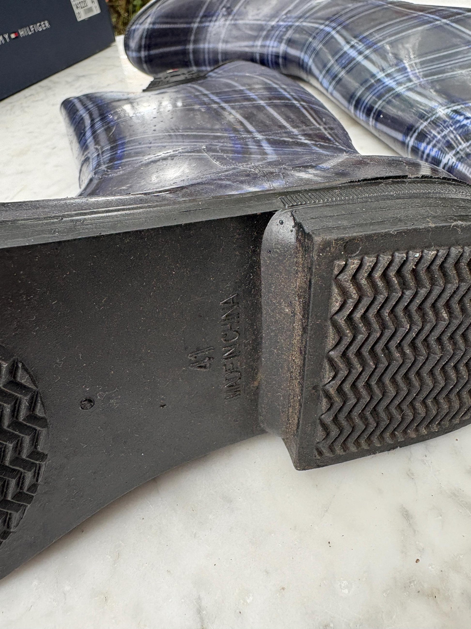 Luxury Tommy hilfiger rain boots, women's plaid brand wellington boots, grey - blue fashionable rain boots, designer wellies, size 41 -