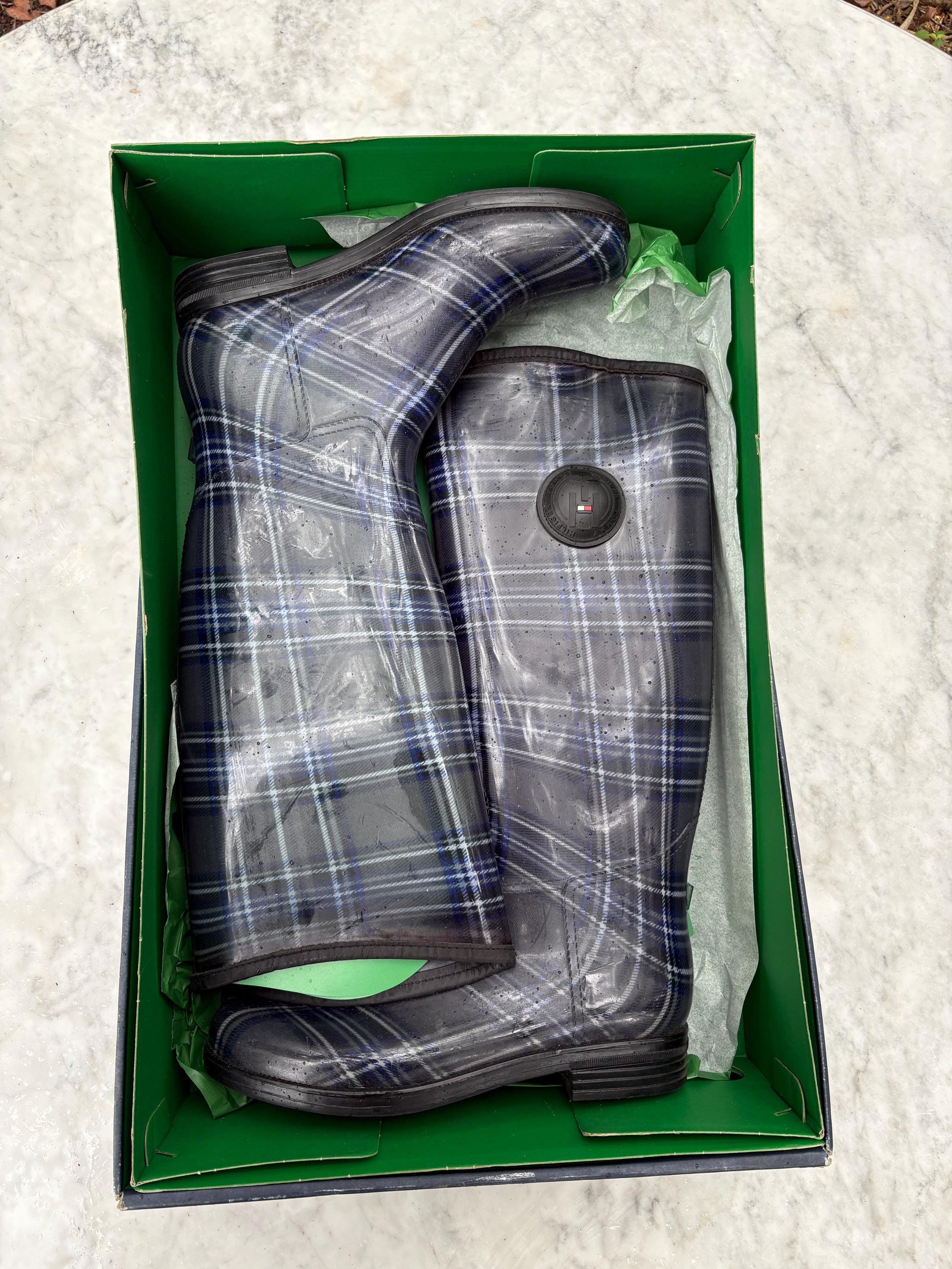 Luxury Tommy hilfiger rain boots, women's plaid brand wellington boots, grey - blue fashionable rain boots, designer wellies, size 41 -