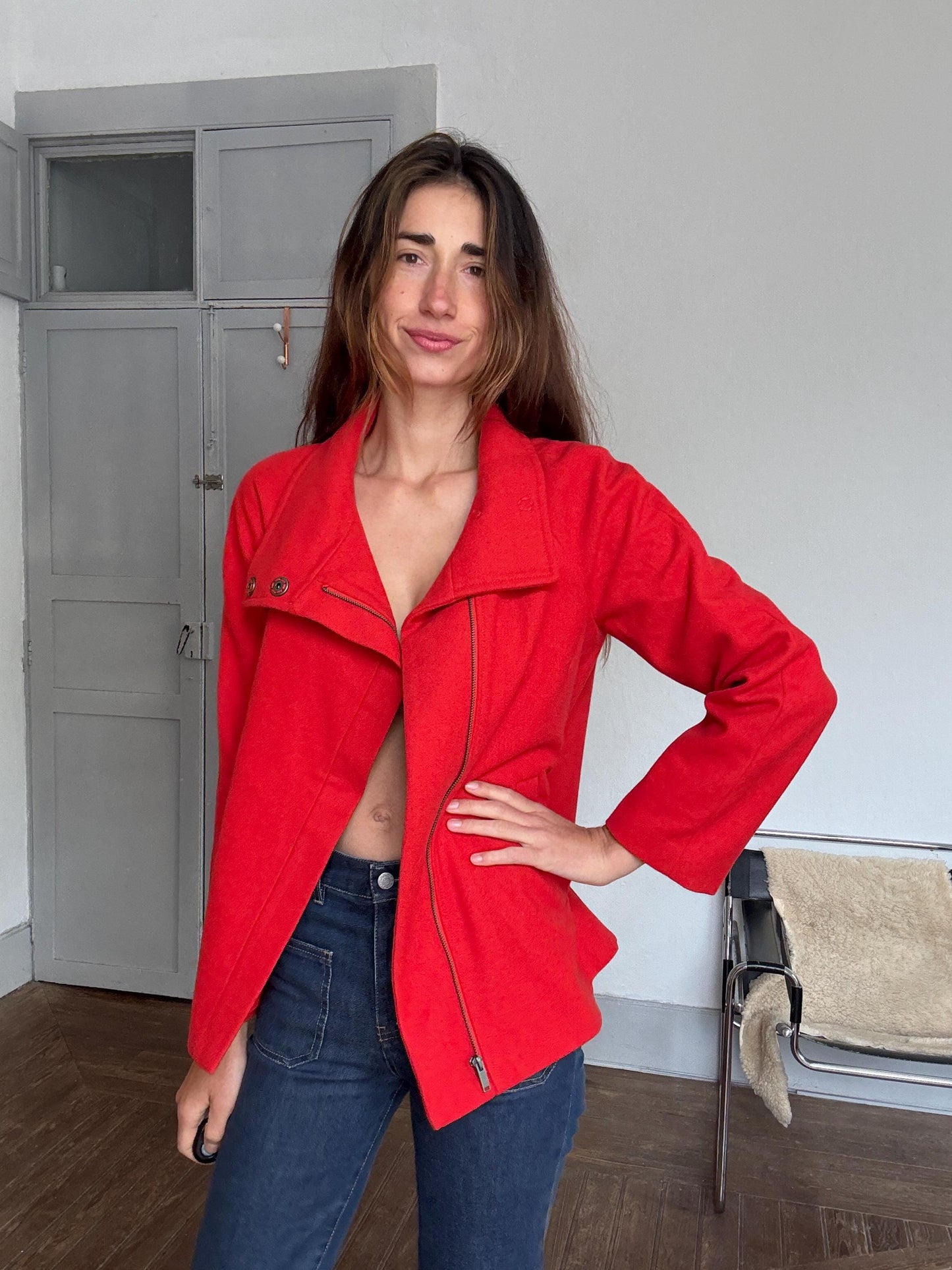 Vintage Benetton red wool coat – bright statement outerwear, size EU 38/FR 38/US 6, high collar, minimalist zip, 2000s style