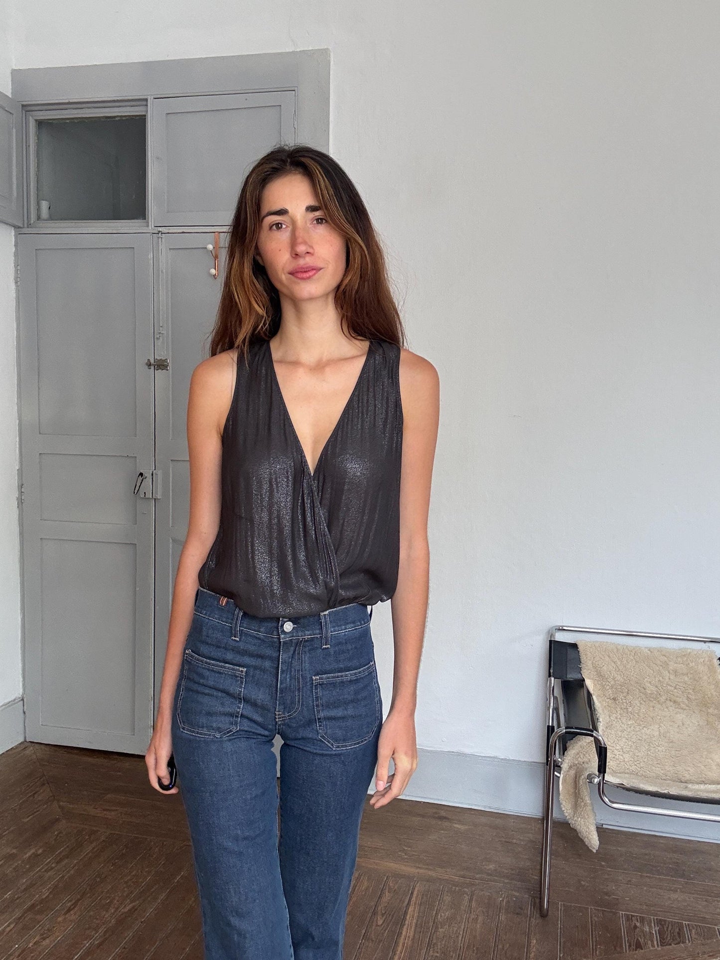 Sheer black deep V camisole top – sexy draped cut, sheer shimmer, sleeveless blouse, size S/M, layering top, Y2K evening glam