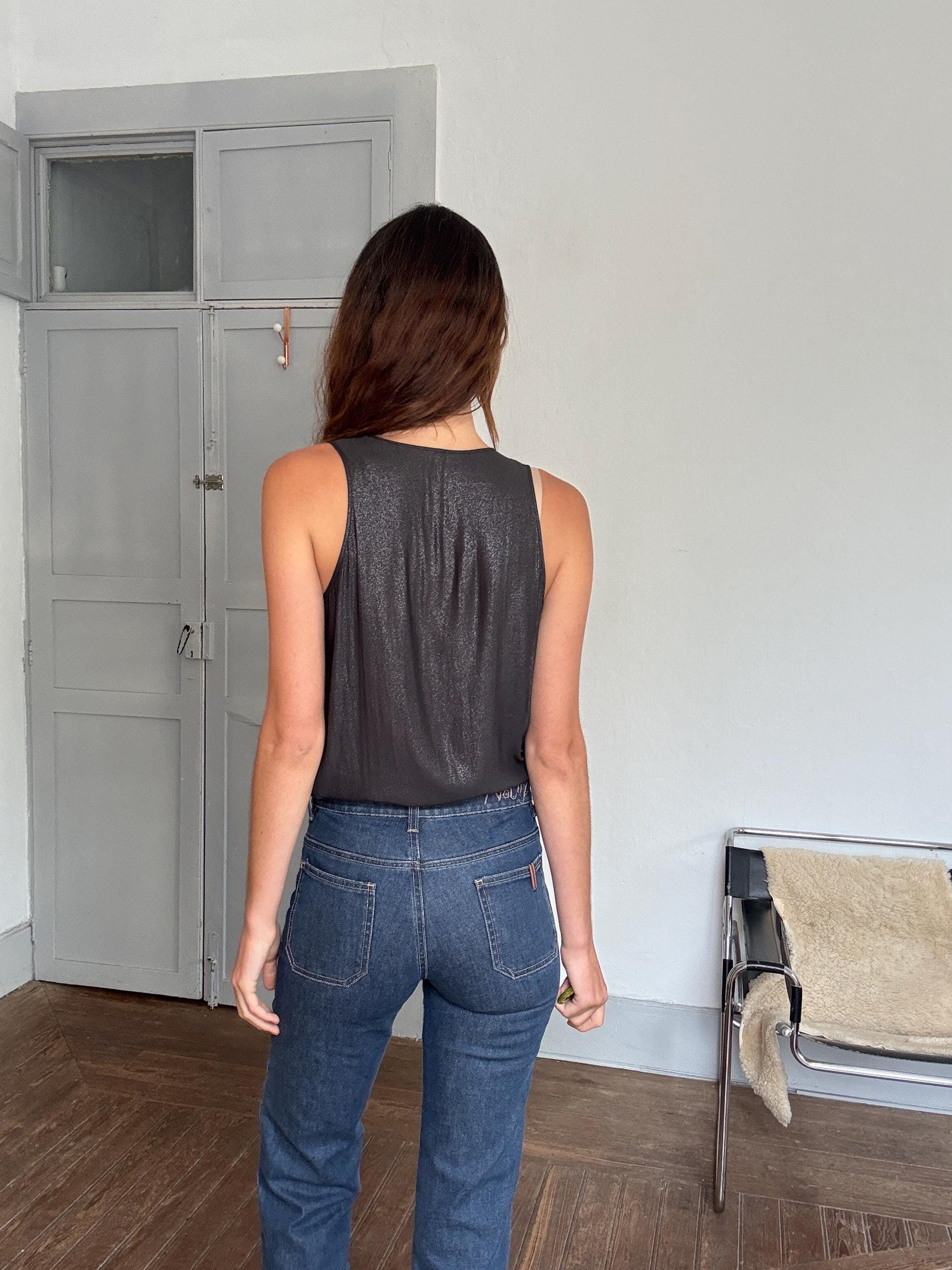 Sheer black deep V camisole top – sexy draped cut, sheer shimmer, sleeveless blouse, size S/M, layering top, Y2K evening glam