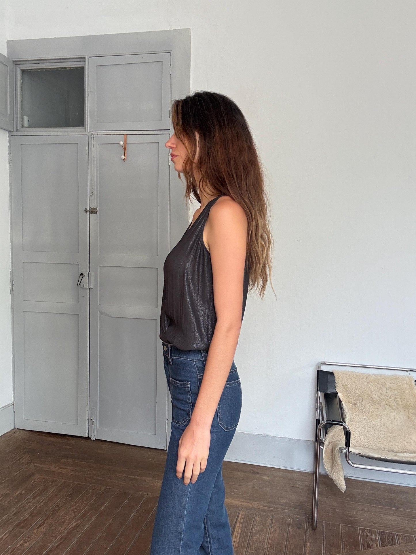 Sheer black deep V camisole top – sexy draped cut, sheer shimmer, sleeveless blouse, size S/M, layering top, Y2K evening glam