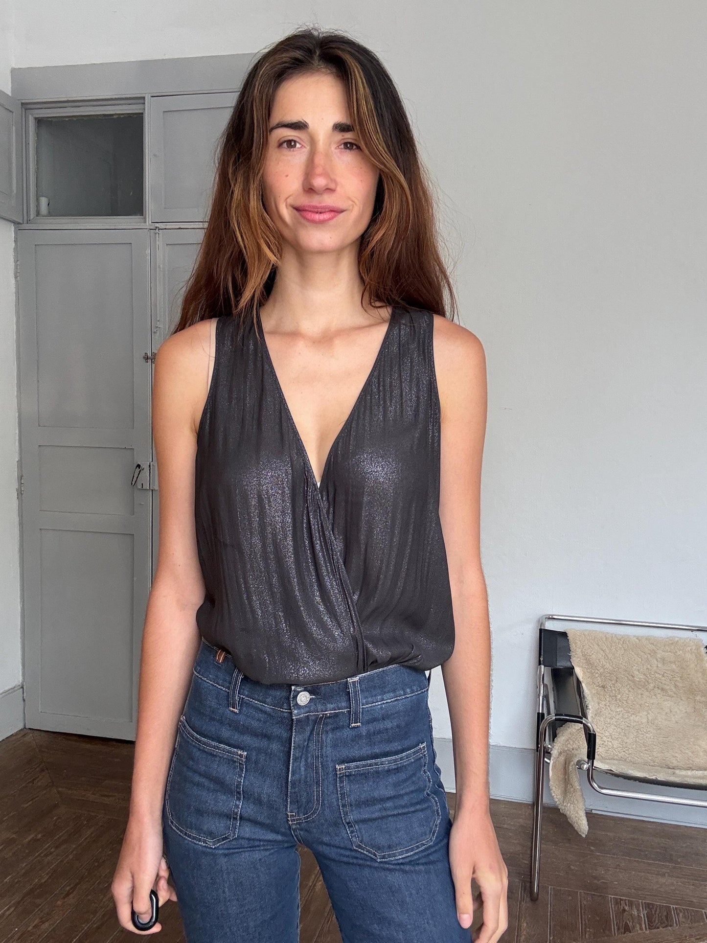 Sheer black deep V camisole top – sexy draped cut, sheer shimmer, sleeveless blouse, size S/M, layering top, Y2K evening glam