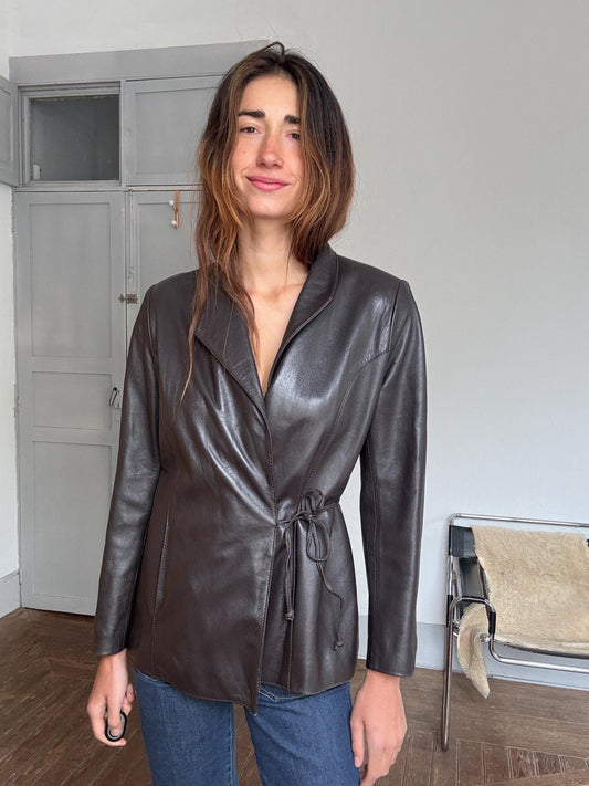 Vintage Casa Lopez leather jacket – genuine sheep leather, brown wrap blazer style, tag size M, soft lining, timeless fit