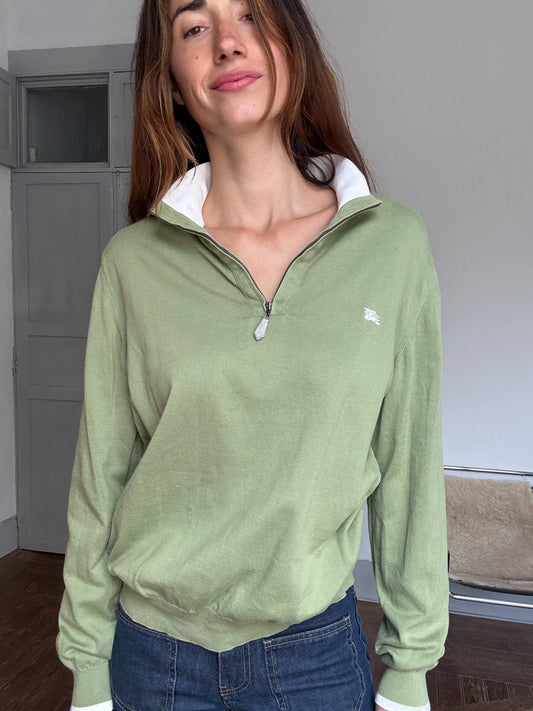Vintage Burberry London polo jumper – sage green zip collar, tag size 5, 100% cotton, unisex fit, styled on woman, classic Y2K look