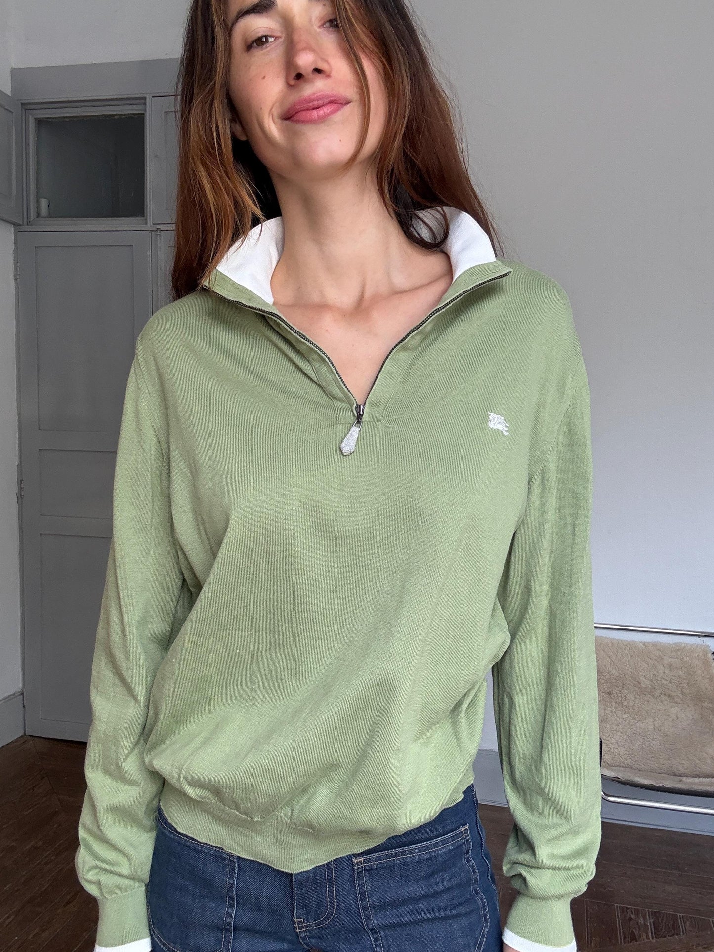 Vintage Burberry London polo jumper – sage green zip collar, tag size 5, 100% cotton, unisex fit, styled on woman, classic Y2K look