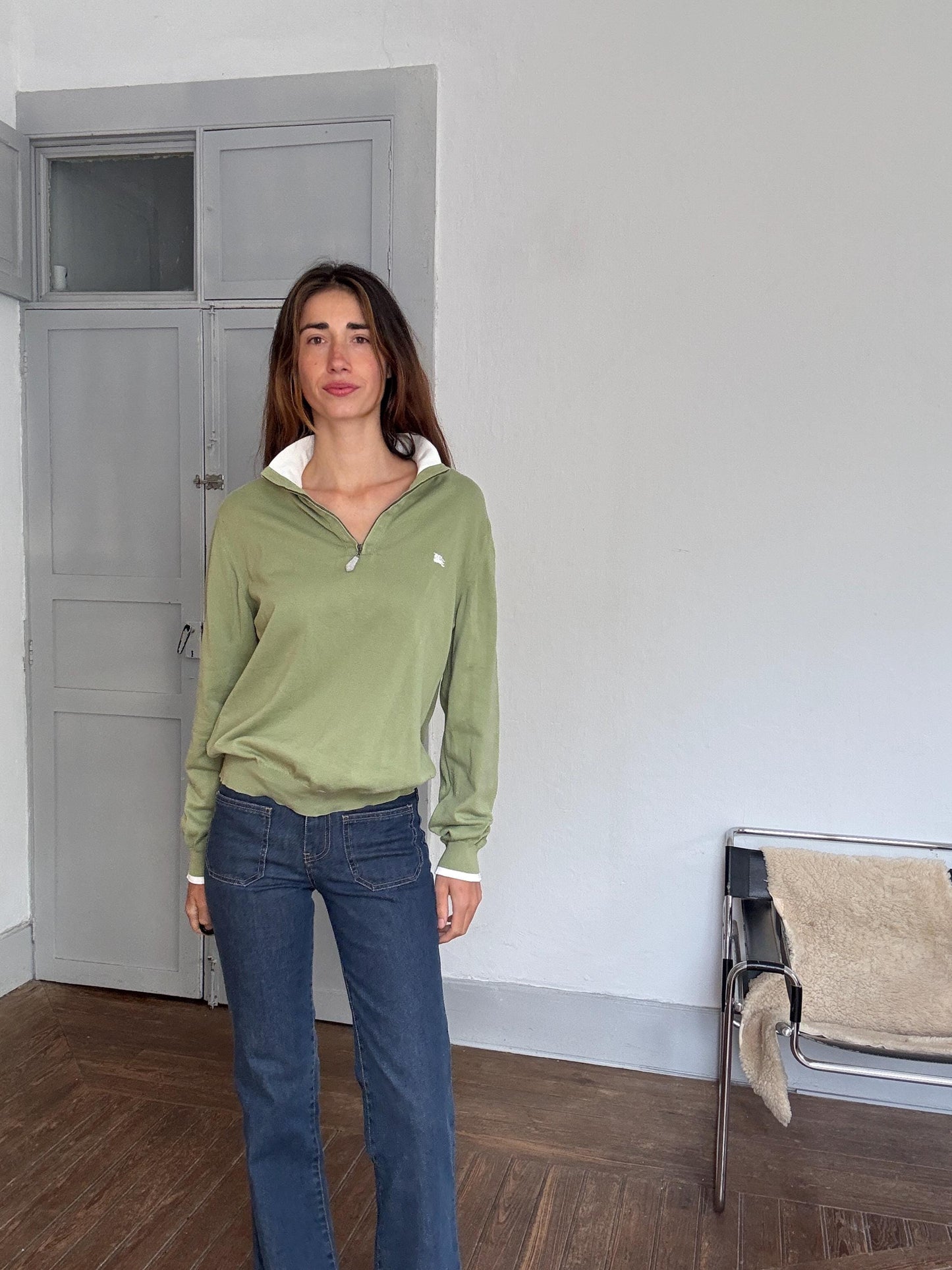 Vintage Burberry London polo jumper – sage green zip collar, tag size 5, 100% cotton, unisex fit, styled on woman, classic Y2K look