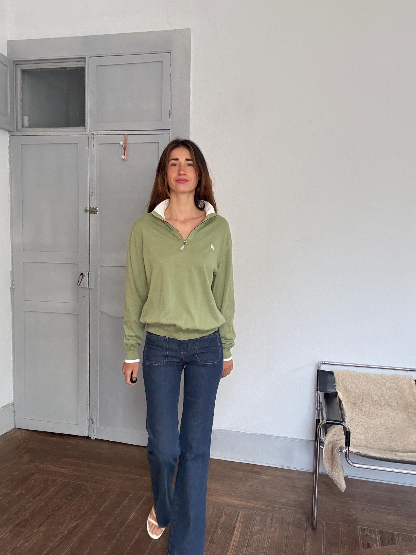 Vintage Burberry London polo jumper – sage green zip collar, tag size 5, 100% cotton, unisex fit, styled on woman, classic Y2K look