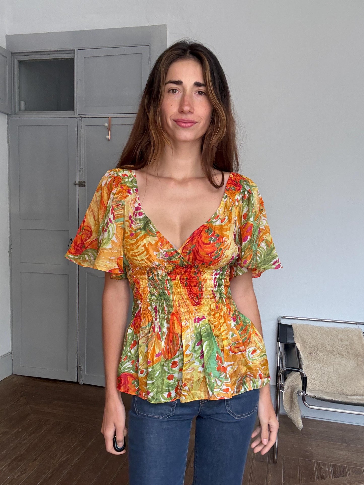 Vintage silk summer blouse – 100% silk floral print top with flutter sleeves, dreamy feminine lightweight fit, bright boho top
