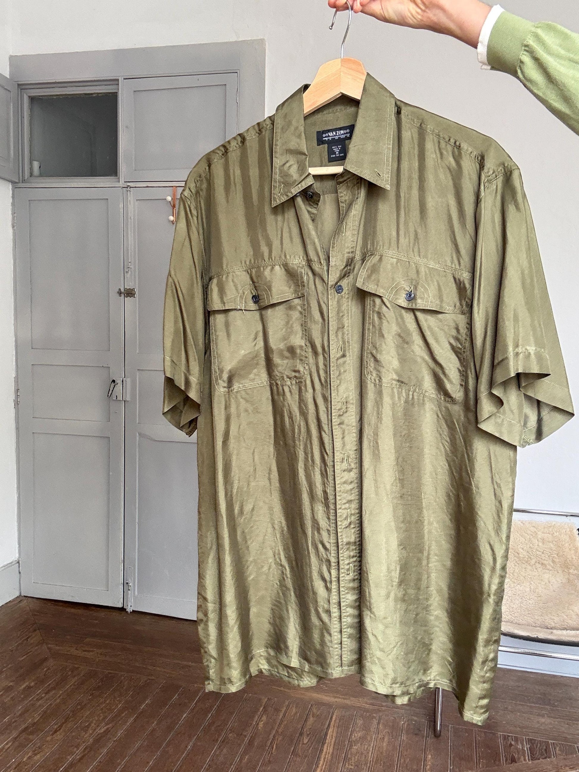 Vintage 100% silk button-up shirt – olive green Van Zon men’s M, soft drapey minimalist shirt styled oversized unisex luxe wear