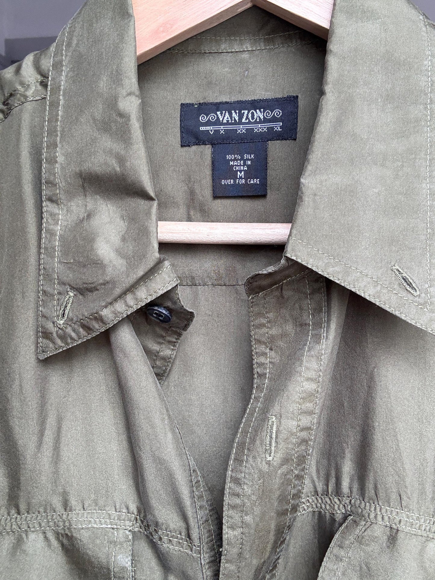 Vintage 100% silk button-up shirt – olive green Van Zon men’s M, soft drapey minimalist shirt styled oversized unisex luxe wear