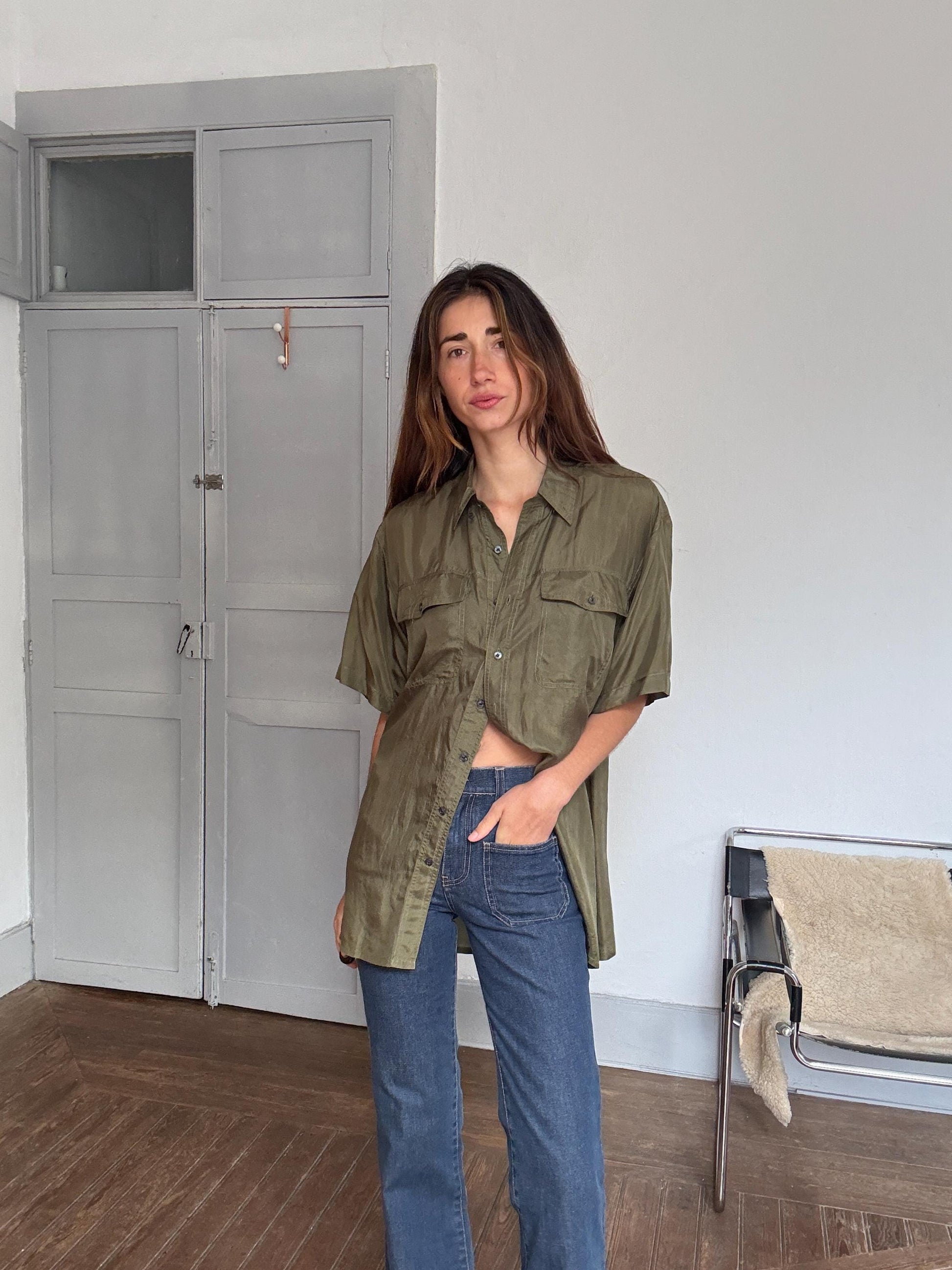 Vintage 100% silk button-up shirt – olive green Van Zon men’s M, soft drapey minimalist shirt styled oversized unisex luxe wear
