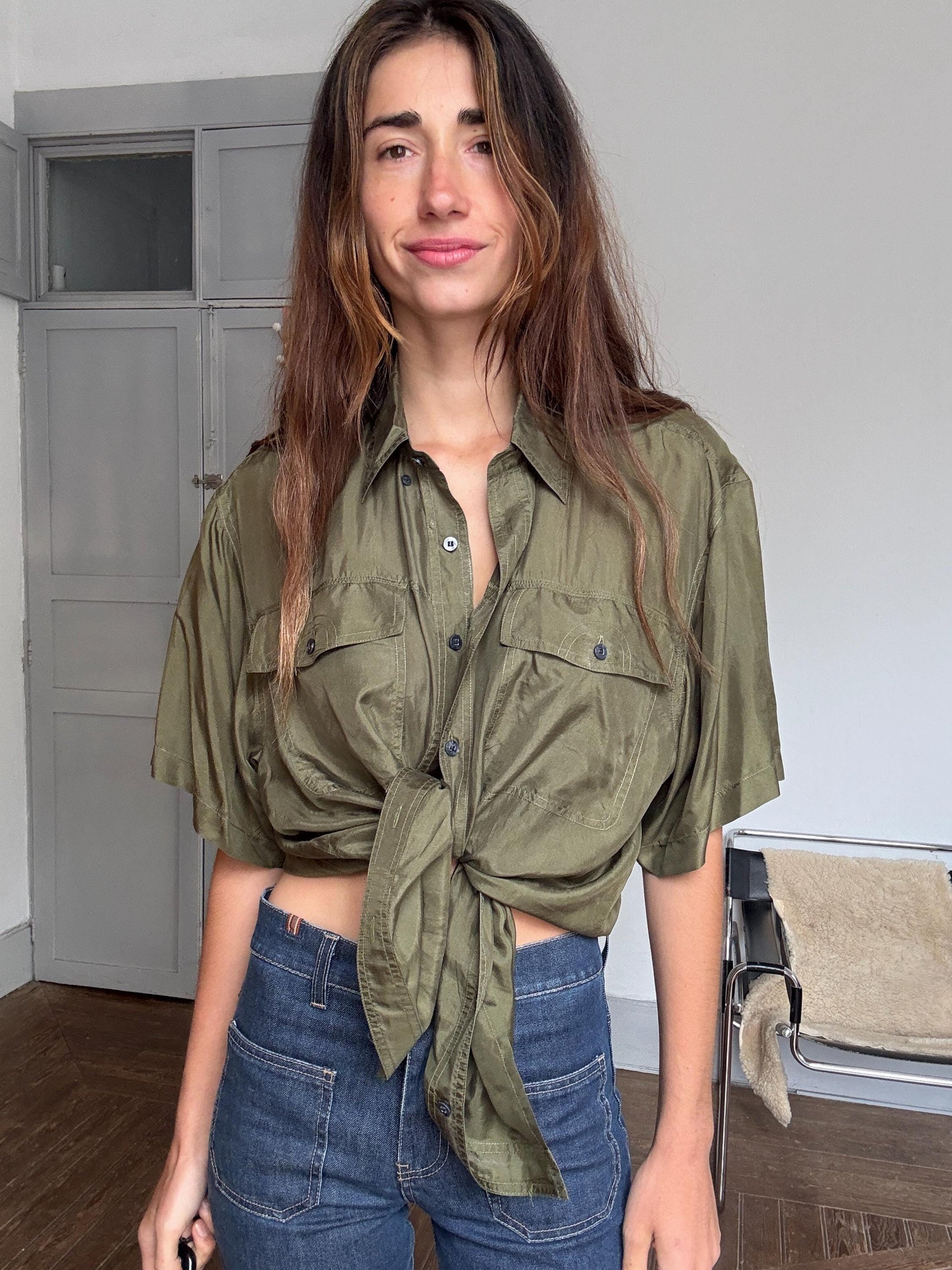 Vintage 100% silk button-up shirt – olive green Van Zon men’s M, soft drapey minimalist shirt styled oversized unisex luxe wear