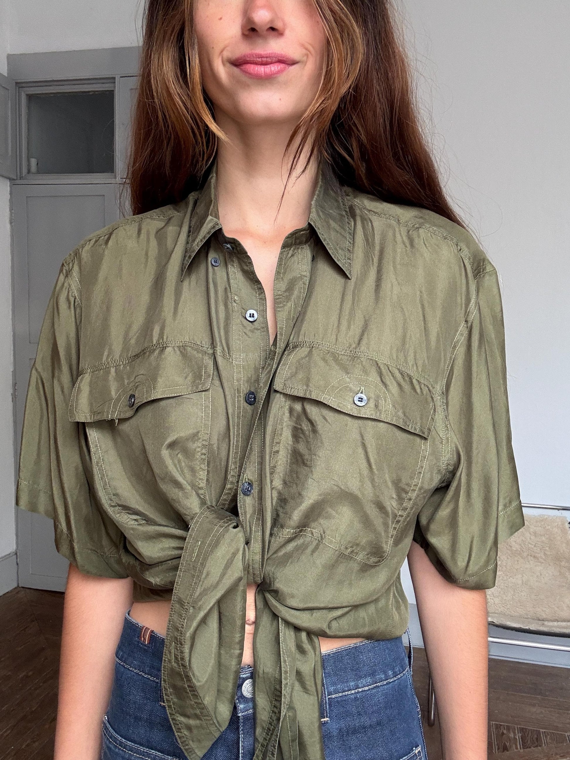 Vintage 100% silk button-up shirt – olive green Van Zon men’s M, soft drapey minimalist shirt styled oversized unisex luxe wear