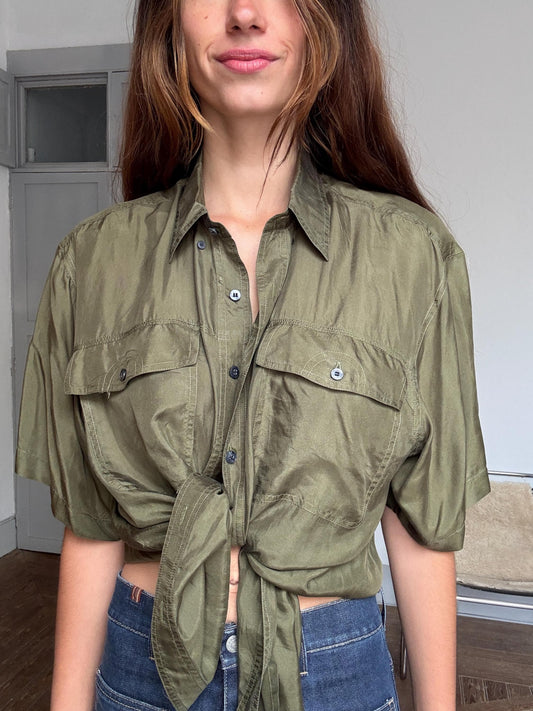 Vintage 100% silk button-up shirt – olive green Van Zon men’s M, soft drapey minimalist shirt styled oversized unisex luxe wear
