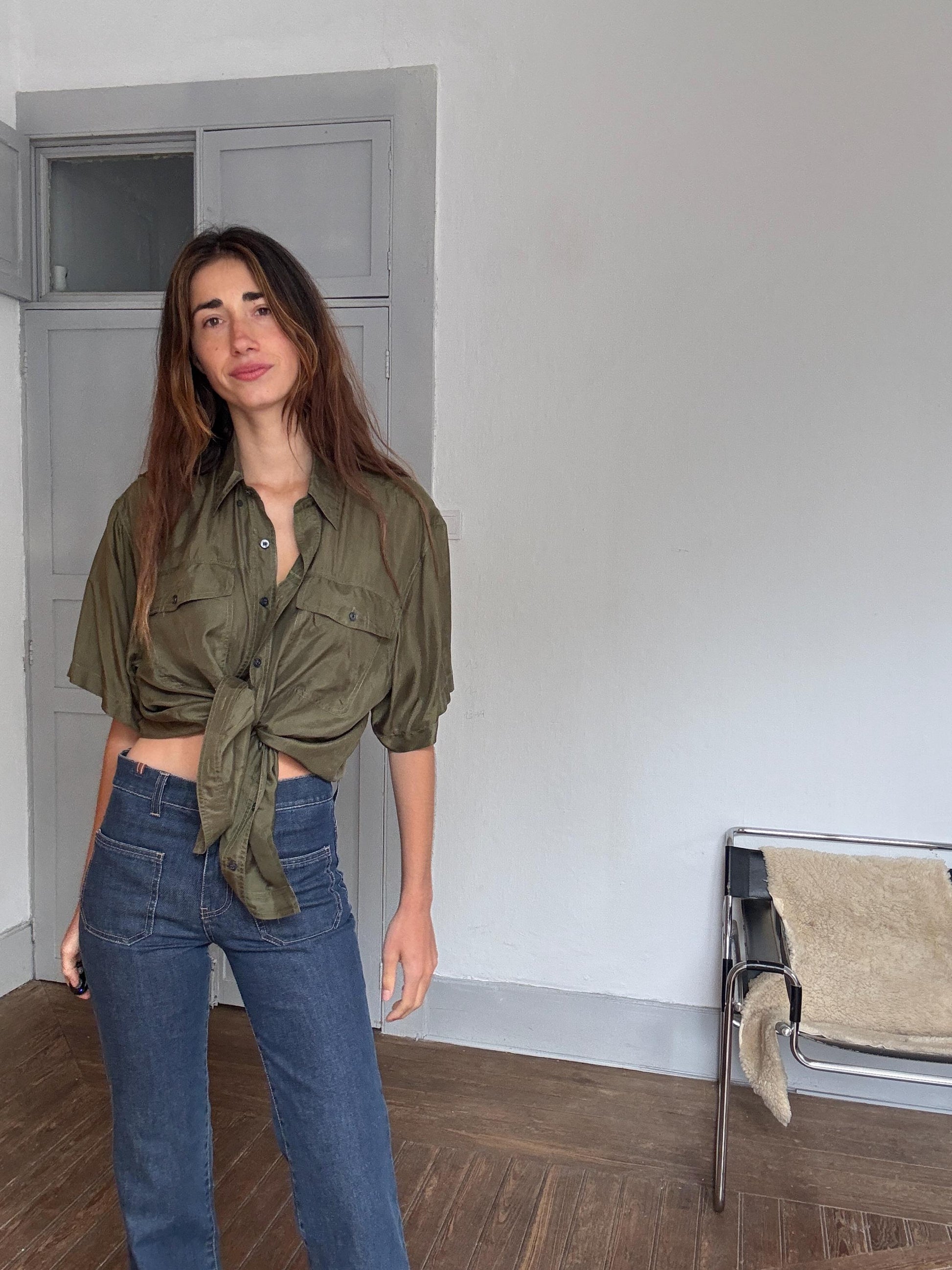 Vintage 100% silk button-up shirt – olive green Van Zon men’s M, soft drapey minimalist shirt styled oversized unisex luxe wear