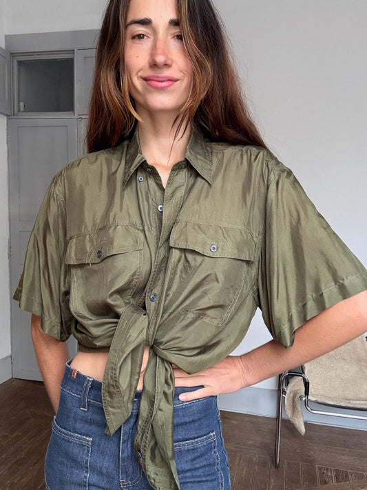 Vintage 100% silk button-up shirt – olive green Van Zon men’s M, soft drapey minimalist shirt styled oversized unisex luxe wear