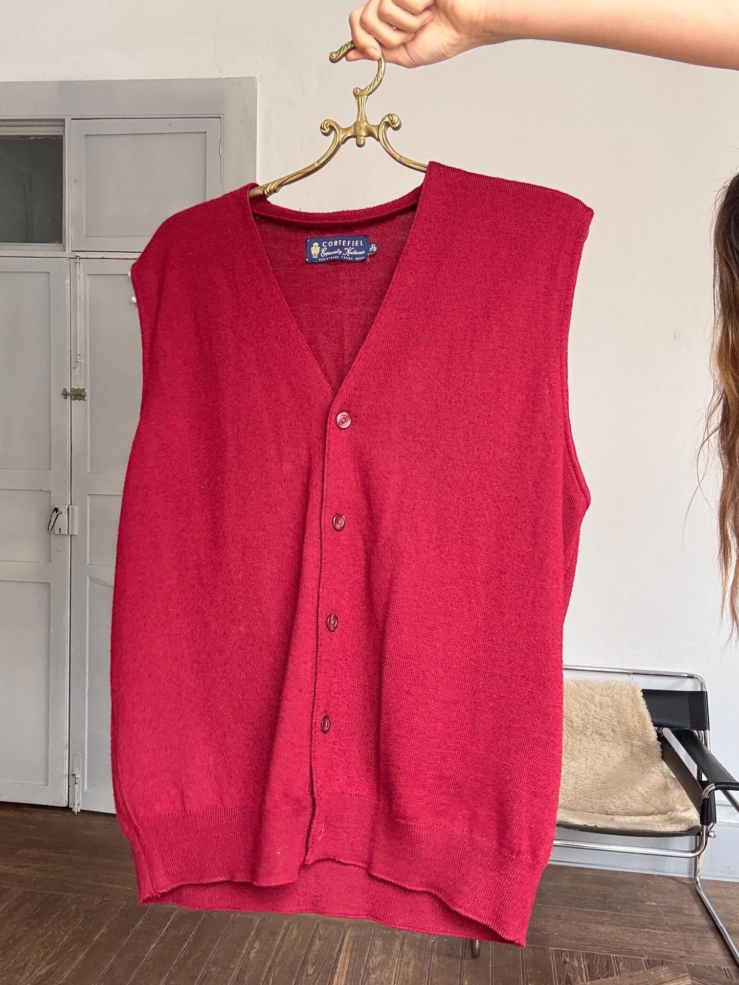 Vintage red wool blend waistcoat vest – dark academia gilet, unisex, size XL, button-up layering piece, oversized fit, 90s style knit