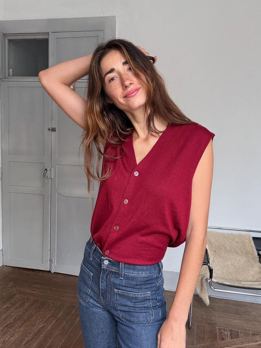 Vintage red wool blend waistcoat vest – dark academia gilet, unisex, size XL, button-up layering piece, oversized fit, 90s style knit