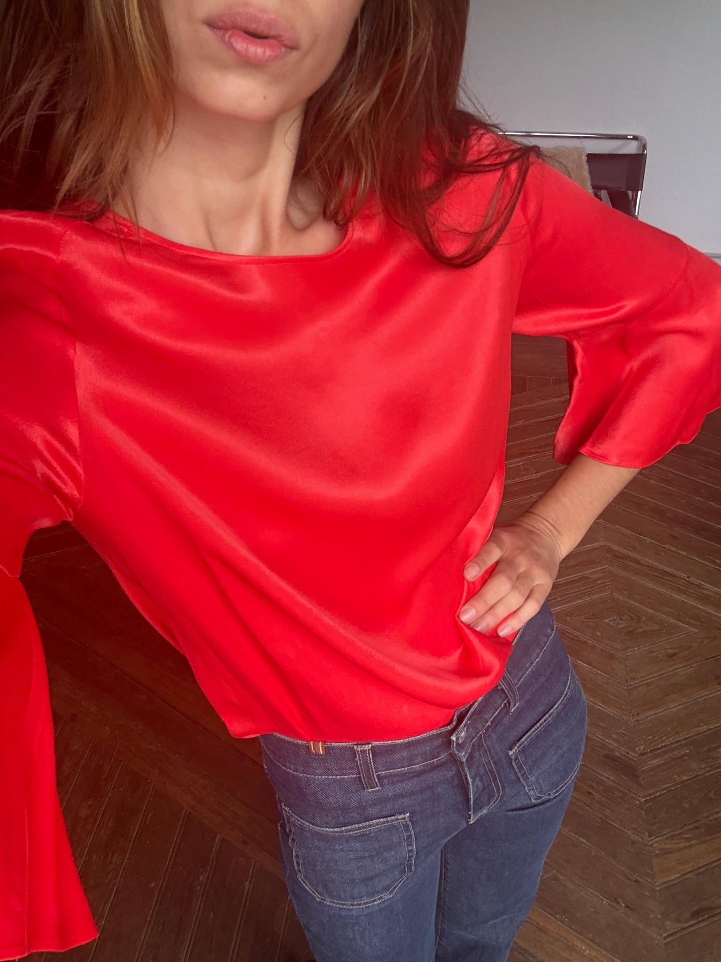 Vintage Massimo Dutti red blouse – flared sleeve top, elegant minimal style, women’s size M, soft drape, bright pink-red, Y2K chic