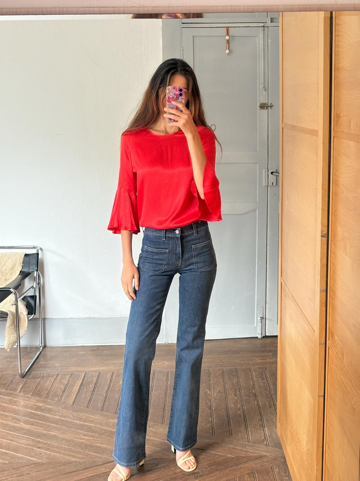 Vintage Massimo Dutti red blouse – flared sleeve top, elegant minimal style, women’s size M, soft drape, bright pink-red, Y2K chic