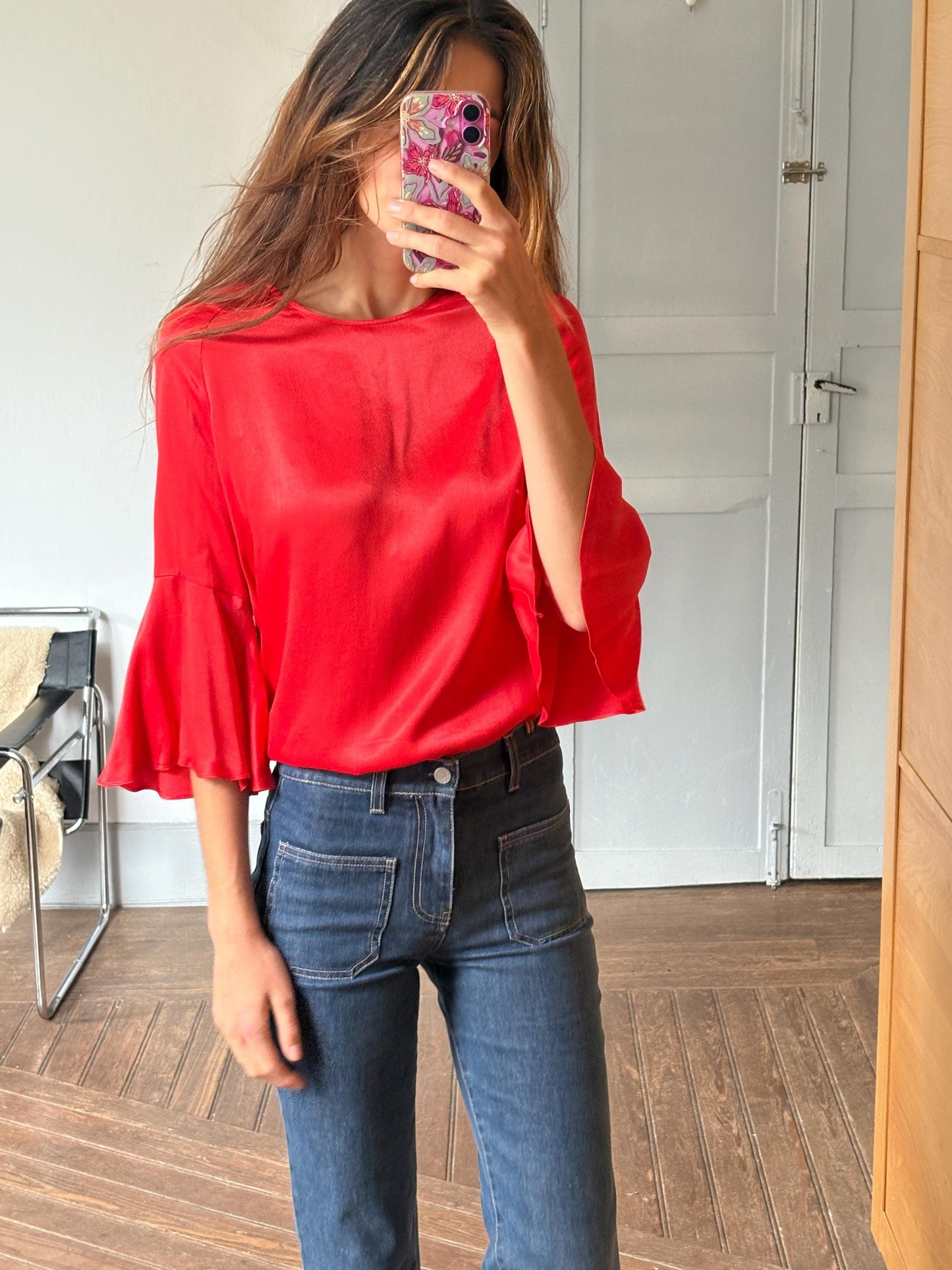 Vintage Massimo Dutti red blouse – flared sleeve top, elegant minimal style, women’s size M, soft drape, bright pink-red, Y2K chic
