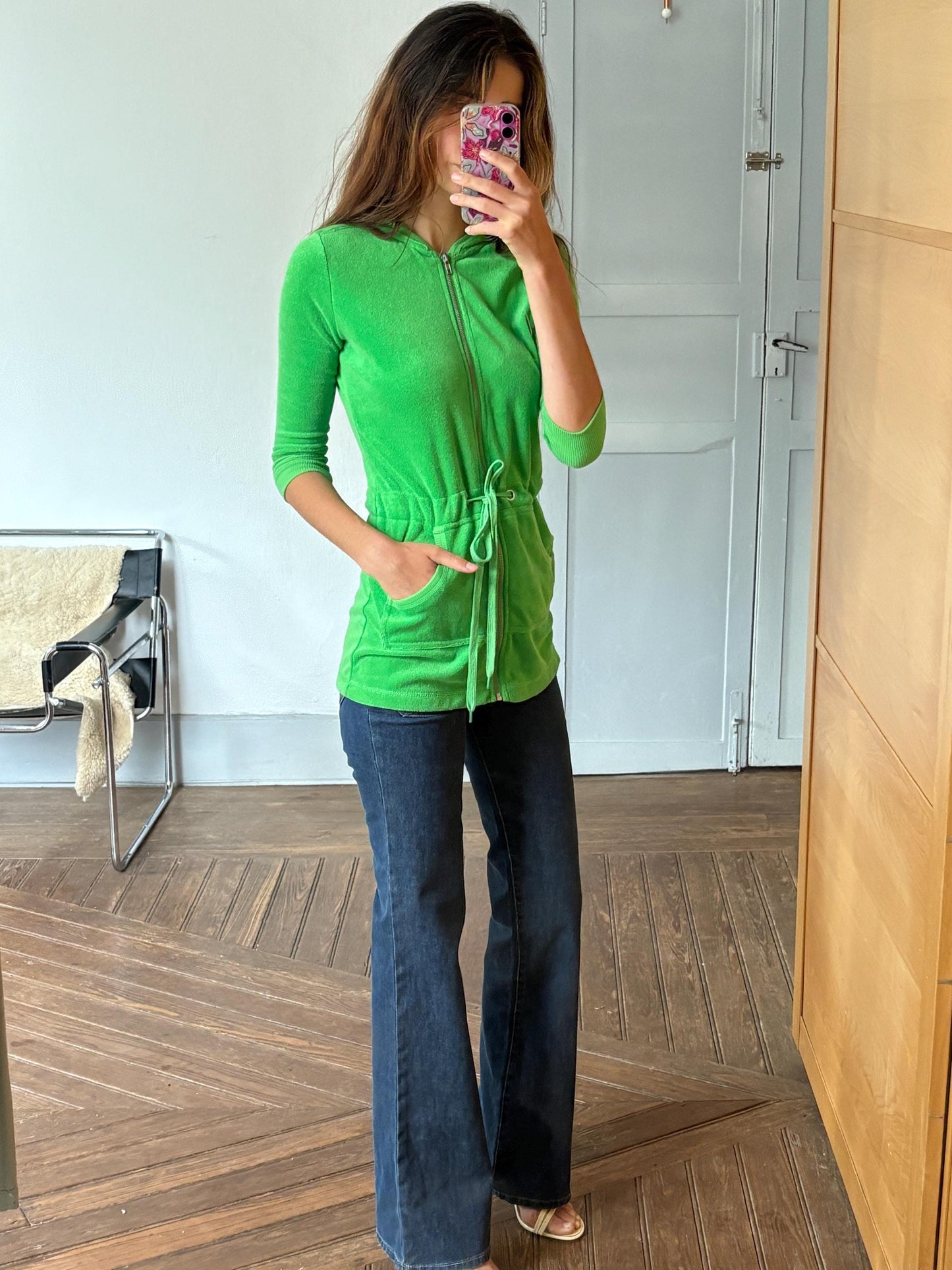 Vintage Y2K neon green terry hoodie cardigan – towel fabric zip-up with pockets, Echo brand, size XS - S, Bold 00s sporty rave aesthetic