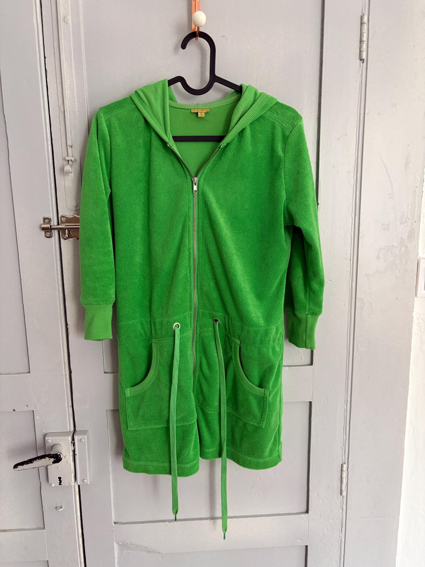Vintage Y2K neon green terry hoodie cardigan – towel fabric zip-up with pockets, Echo brand, size XS - S, Bold 00s sporty rave aesthetic