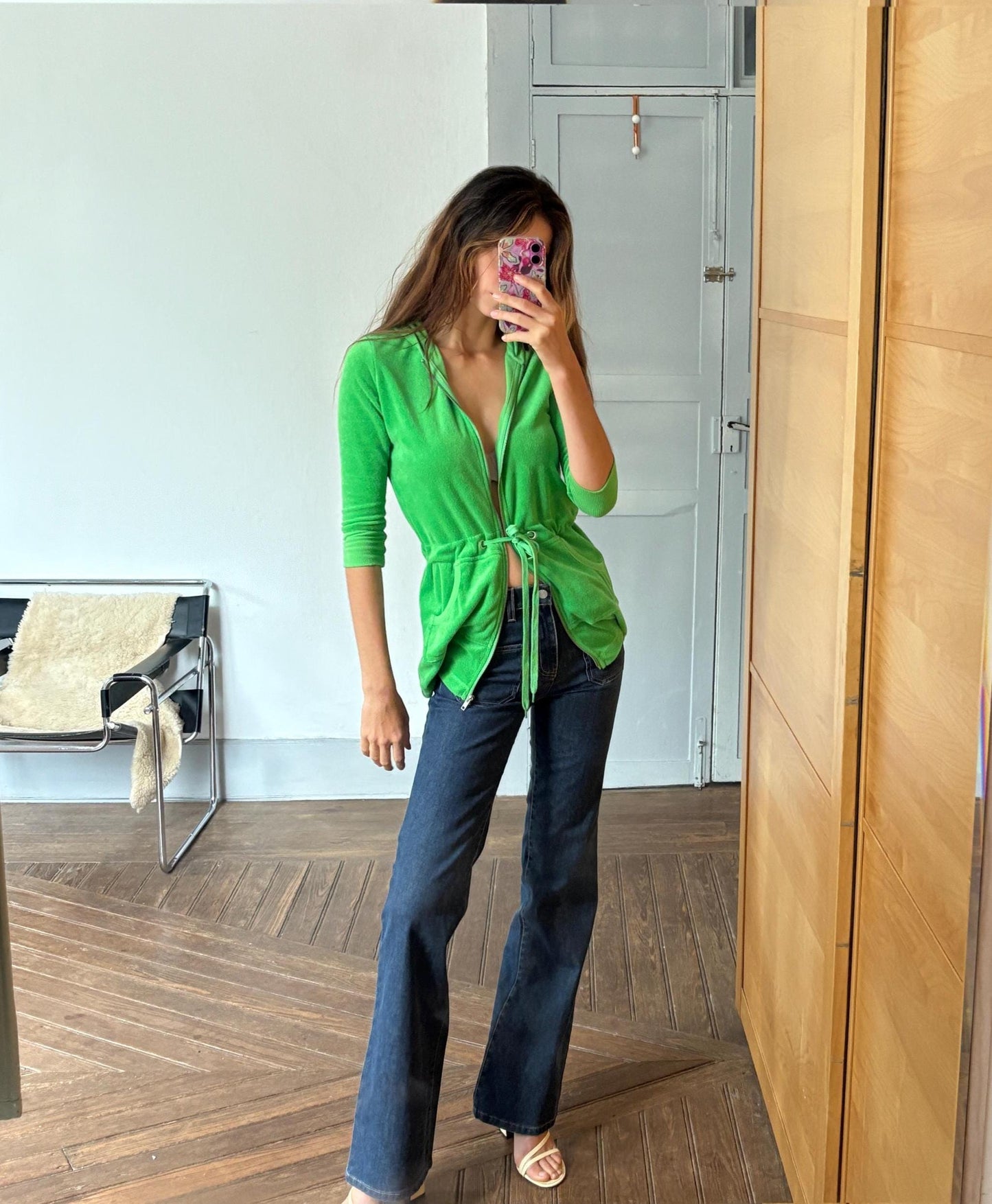 Vintage Y2K neon green terry hoodie cardigan – towel fabric zip-up with pockets, Echo brand, size XS - S, Bold 00s sporty rave aesthetic