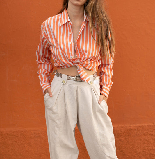 Vintage Massimo Dutti Coral Striped Shirt – Oversized Button-Up Blouse (EU 42)