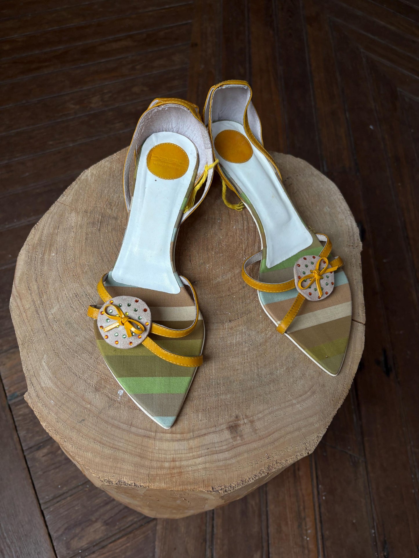 Vintage Paco Herrero yellow heels – striped Y2K mini sandals with bow & rhinestone detail, EU 39, playful retro aesthetic, 4cm heel