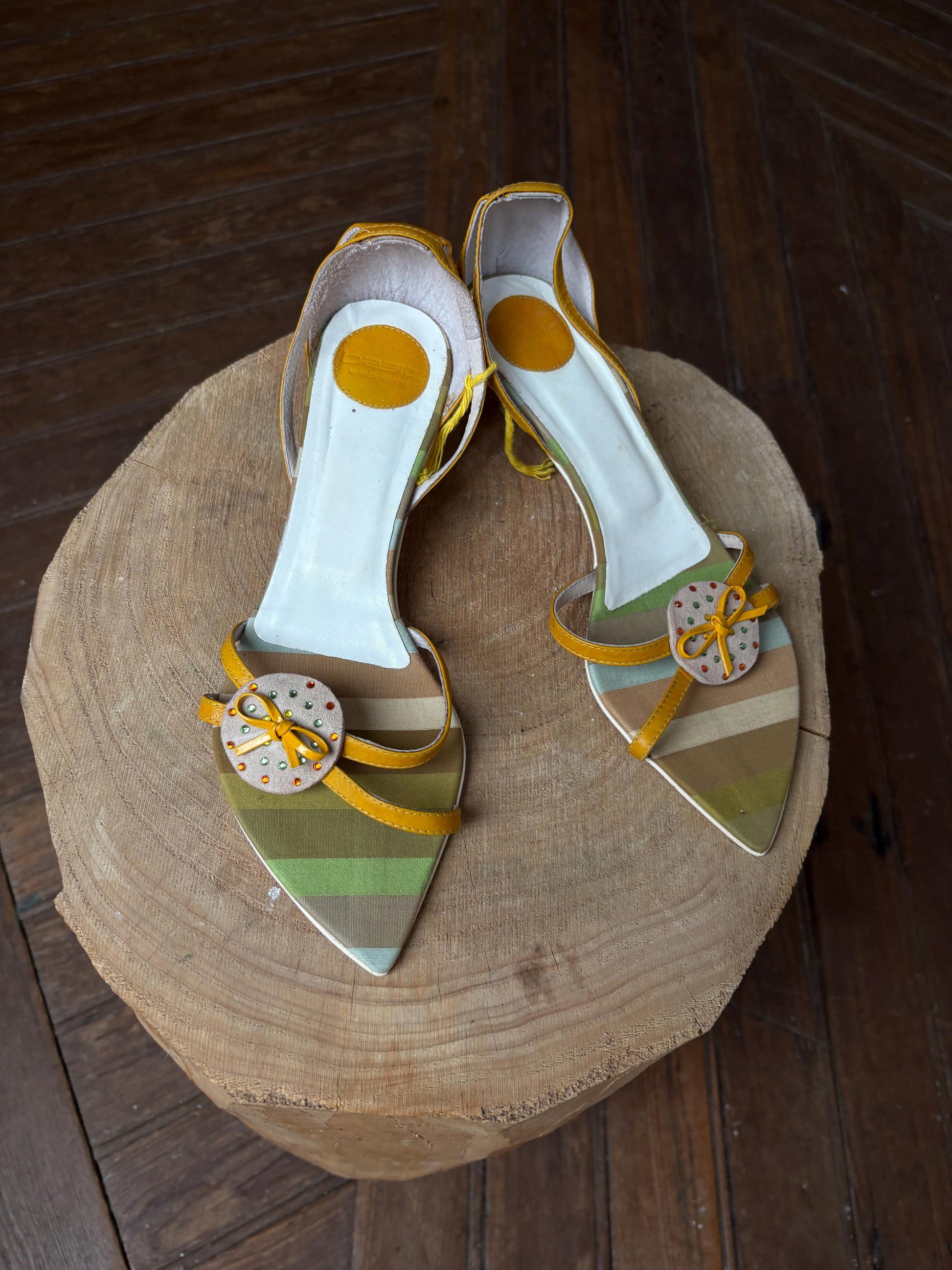 Vintage Paco Herrero yellow heels – striped Y2K mini sandals with bow & rhinestone detail, EU 39, playful retro aesthetic, 4cm heel