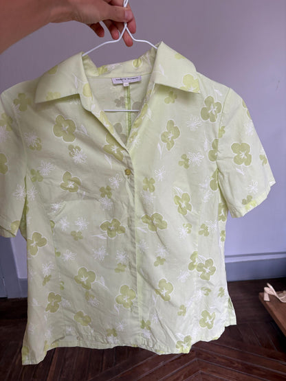 Sheer Vintage Y2K Green Floral Blouse — fabric close-up