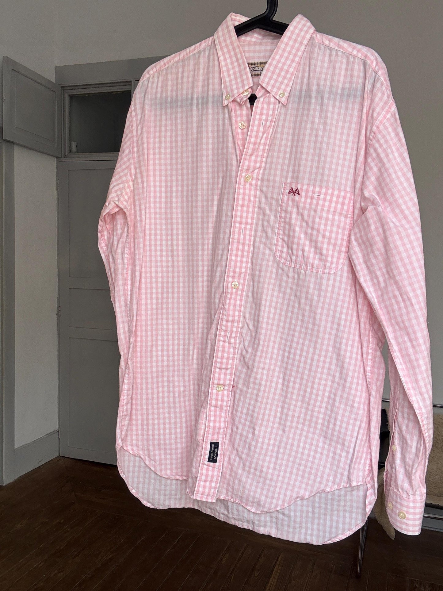 Vintage Thomas Burberry pink gingham button-up shirt – unisex fit, tag size L/4, 90s prep aesthetic, secondhand sustainable fashuon
