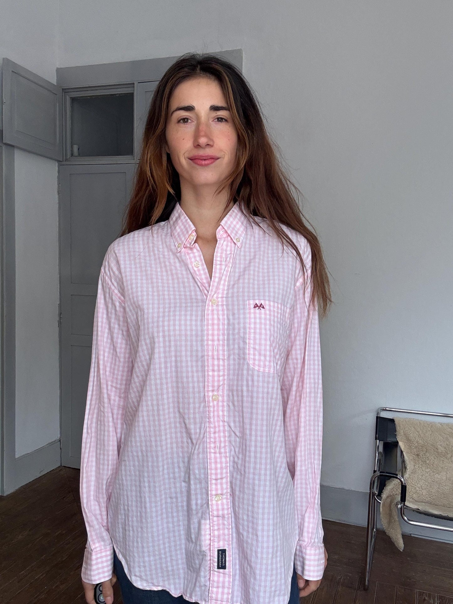 Vintage Thomas Burberry pink gingham button-up shirt – unisex fit, tag size L/4, 90s prep aesthetic, secondhand sustainable fashuon