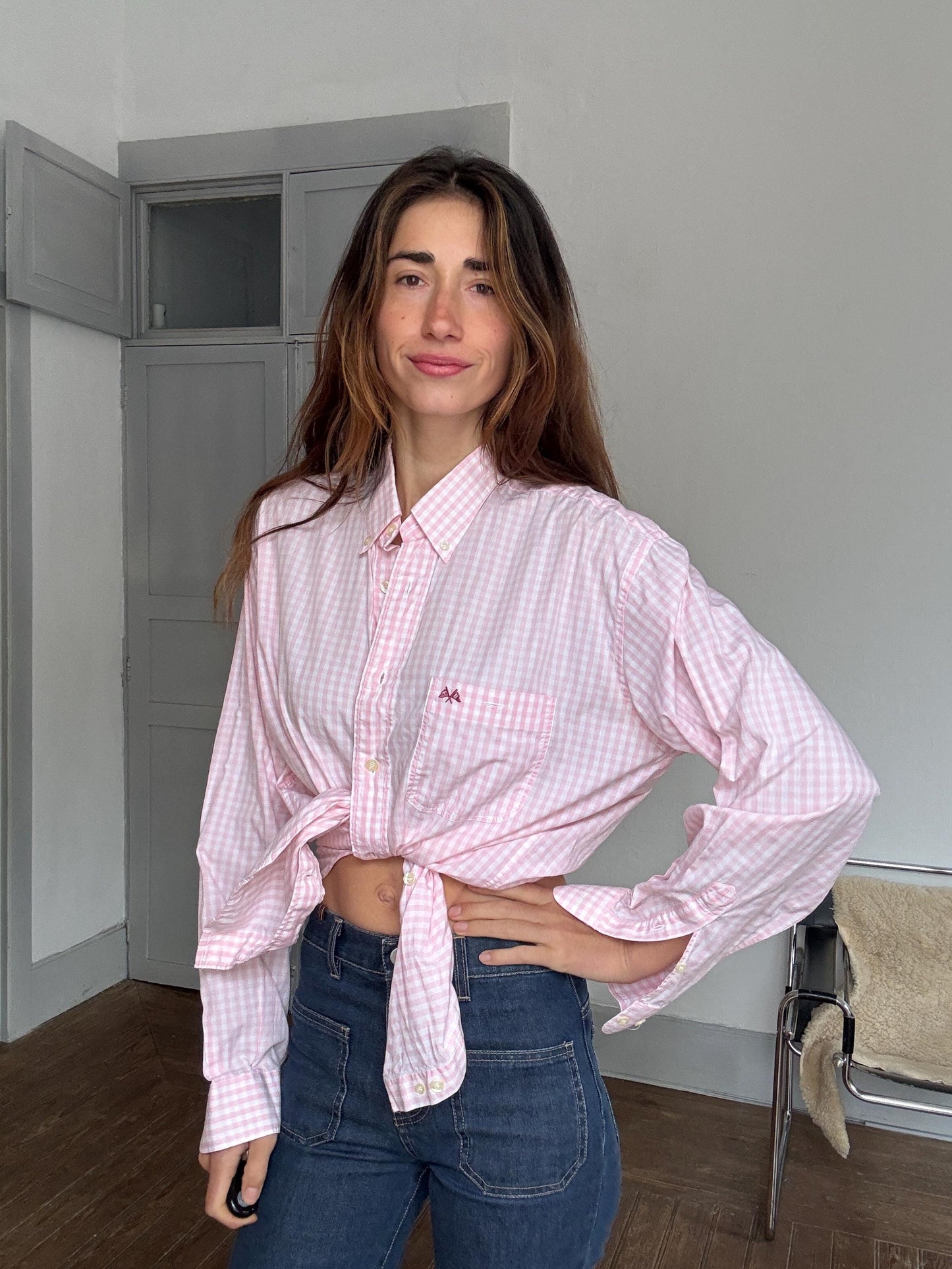 Vintage Thomas Burberry pink gingham button-up shirt – unisex fit, tag size L/4, 90s prep aesthetic, secondhand sustainable fashuon