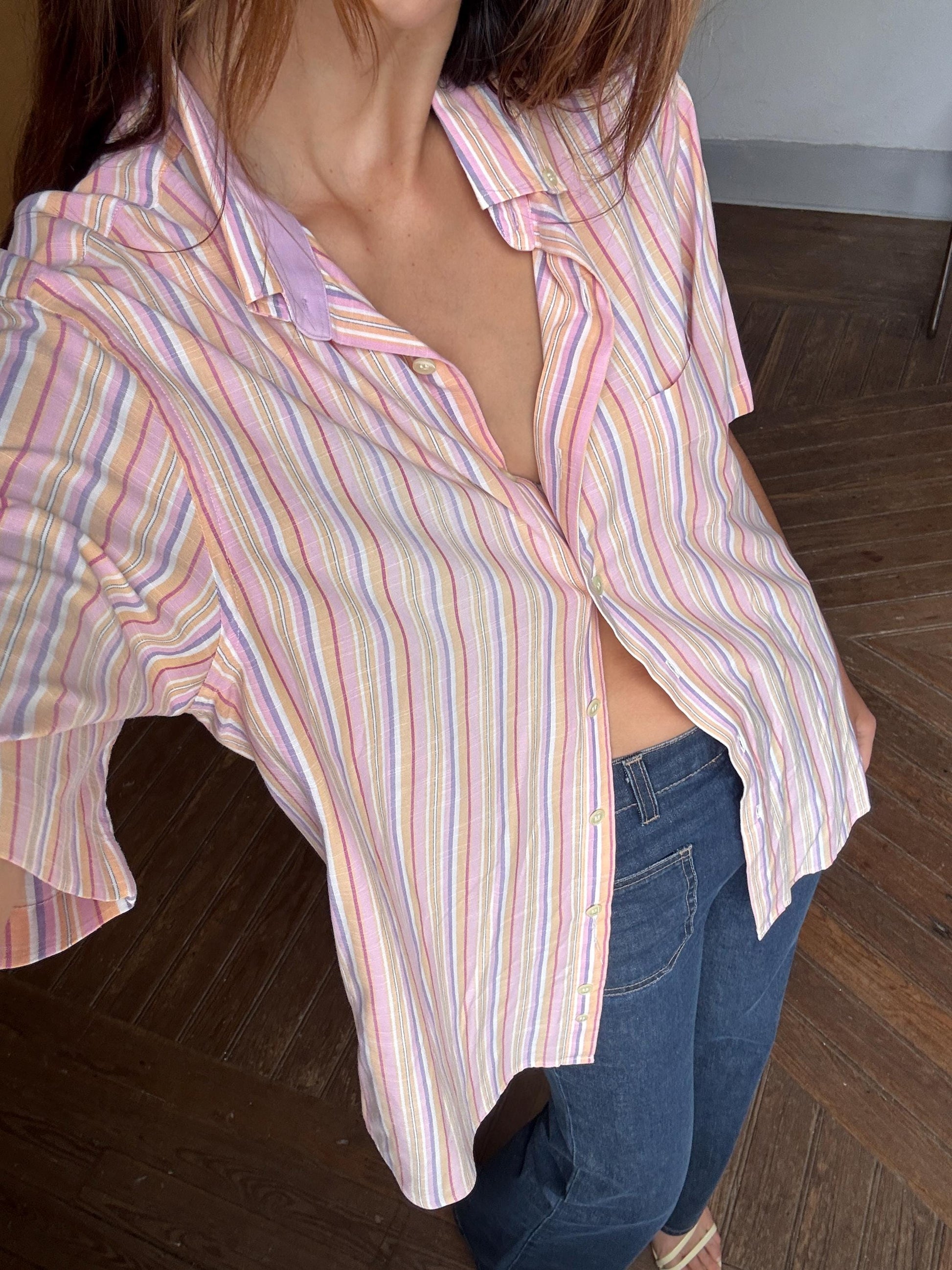 Vintage Striped Button-Up Shirt – Unisex, Boxy Fit, Summer Pastels – Size L