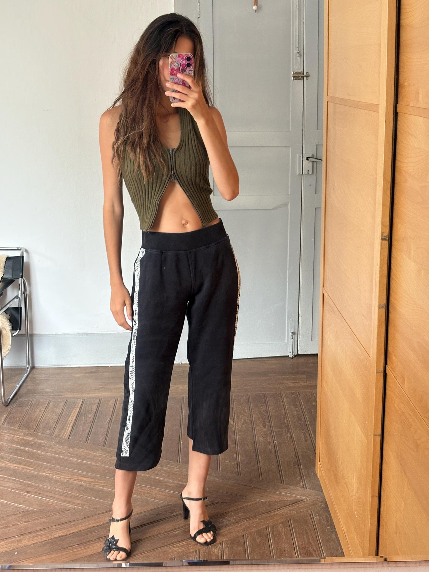 Vintage Adidas by Stella McCartney Black Cropped Track Pants with Snakeskin Side Stripes – Size S