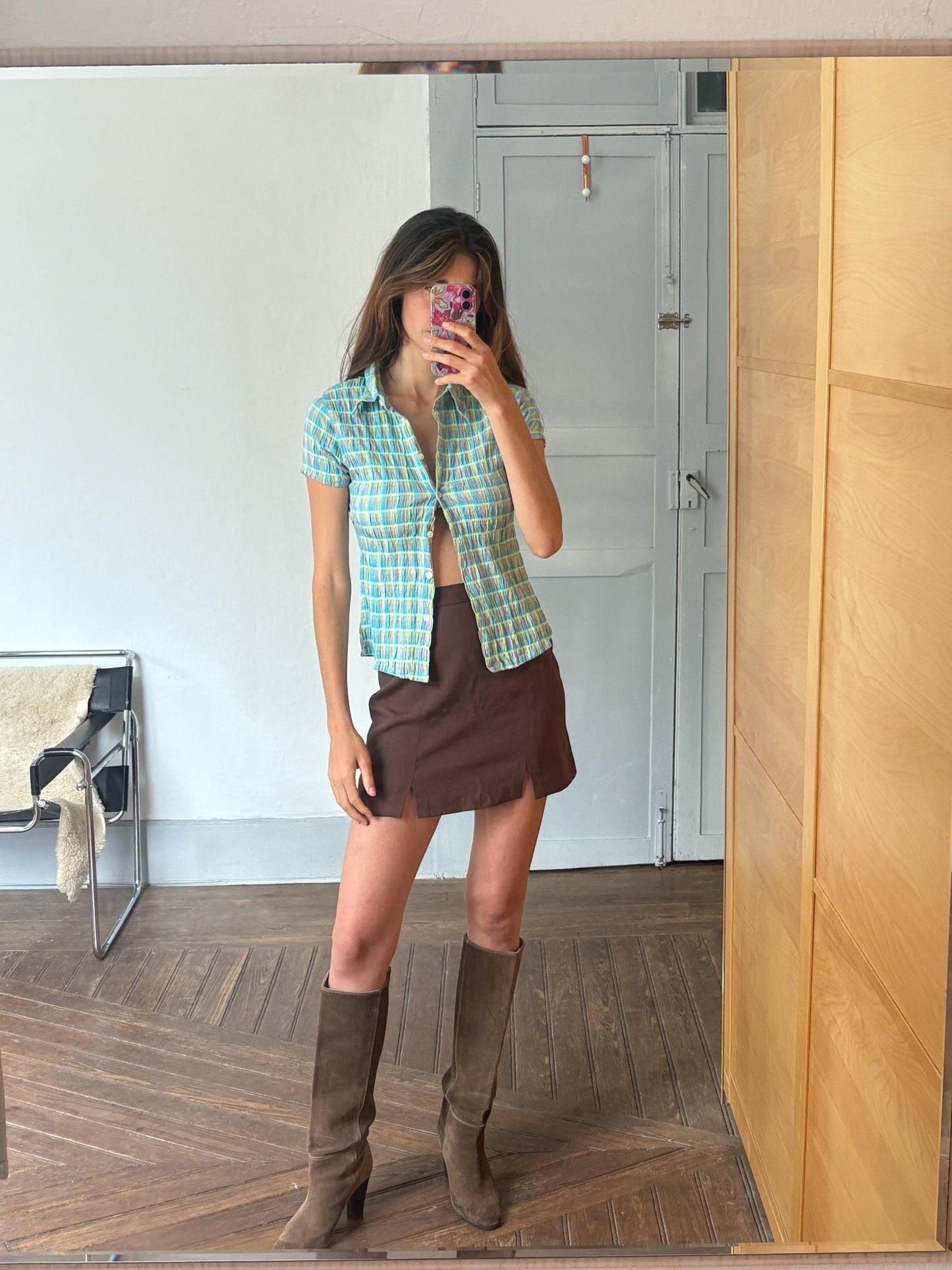 Vintage 90s Crinkle Button Up Shirt – Fitted Colorful Checkered Top | Y2K Grid Blouse