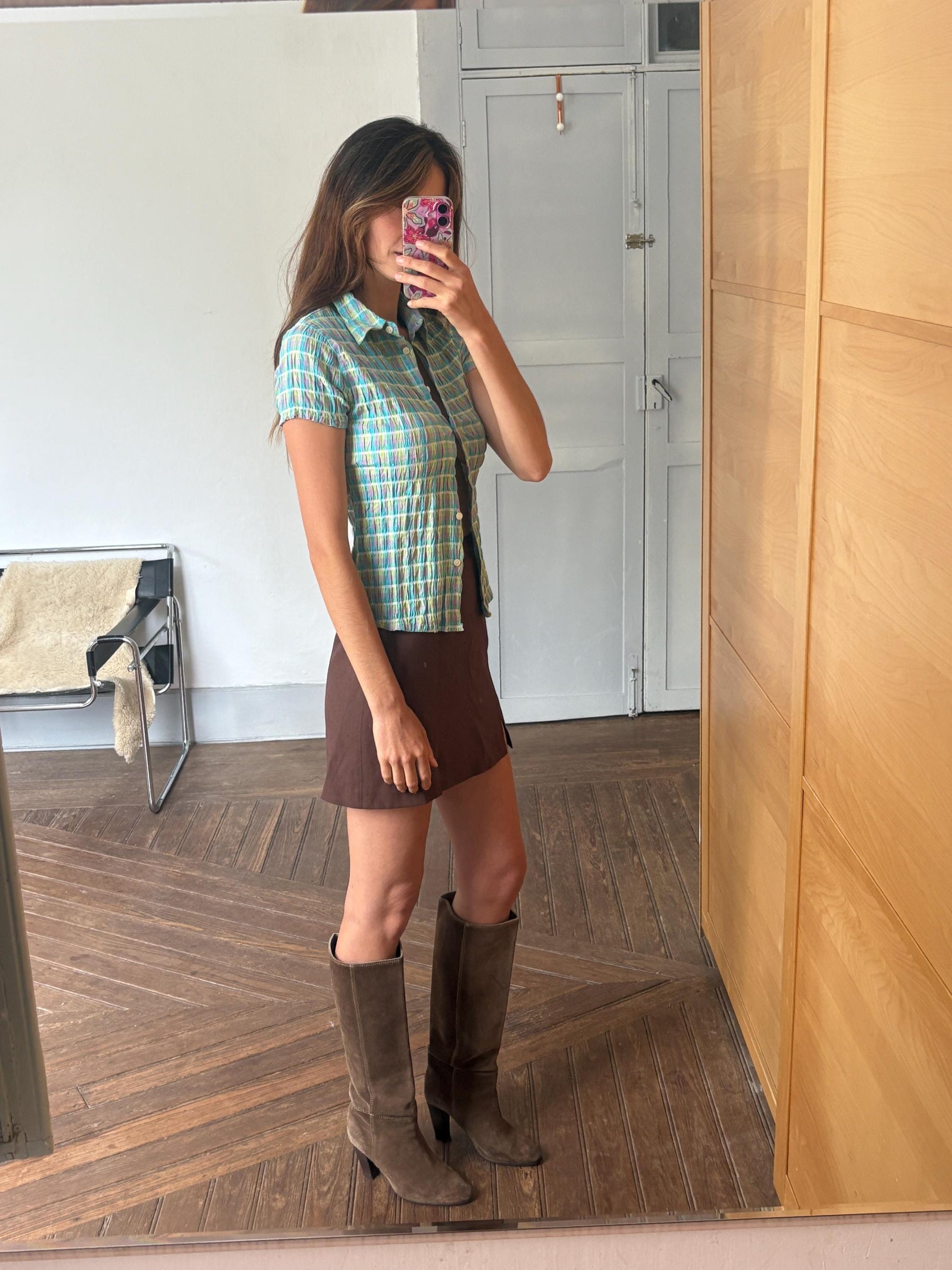 Vintage 90s Crinkle Button Up Shirt – Fitted Colorful Checkered Top | Y2K Grid Blouse